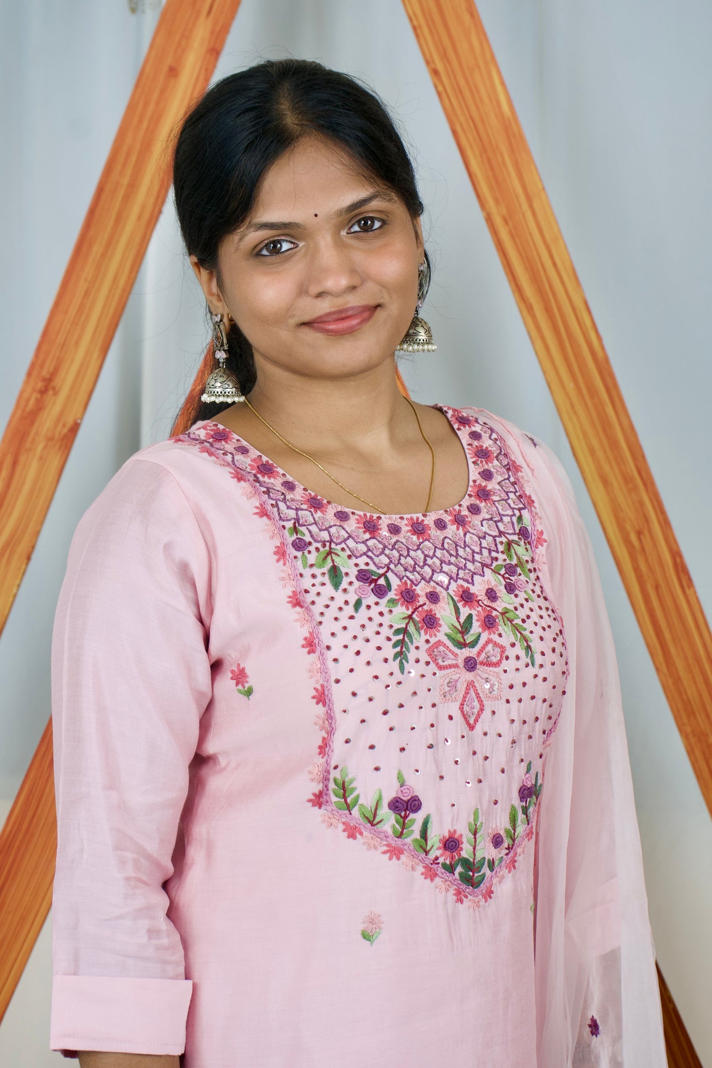 Powder Pink Embroidered Trio kurti set
