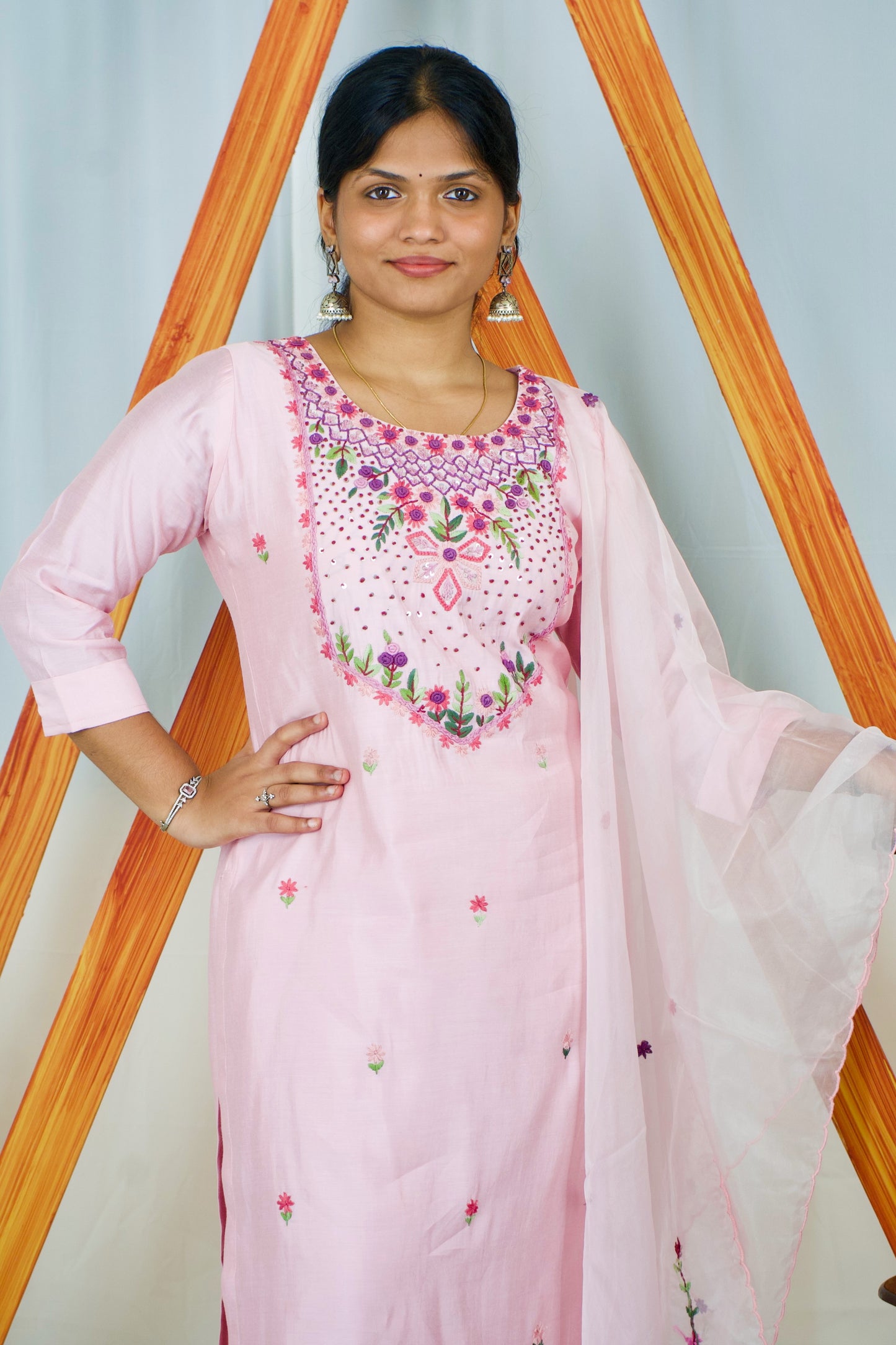 Powder Pink Embroidered Trio kurti set
