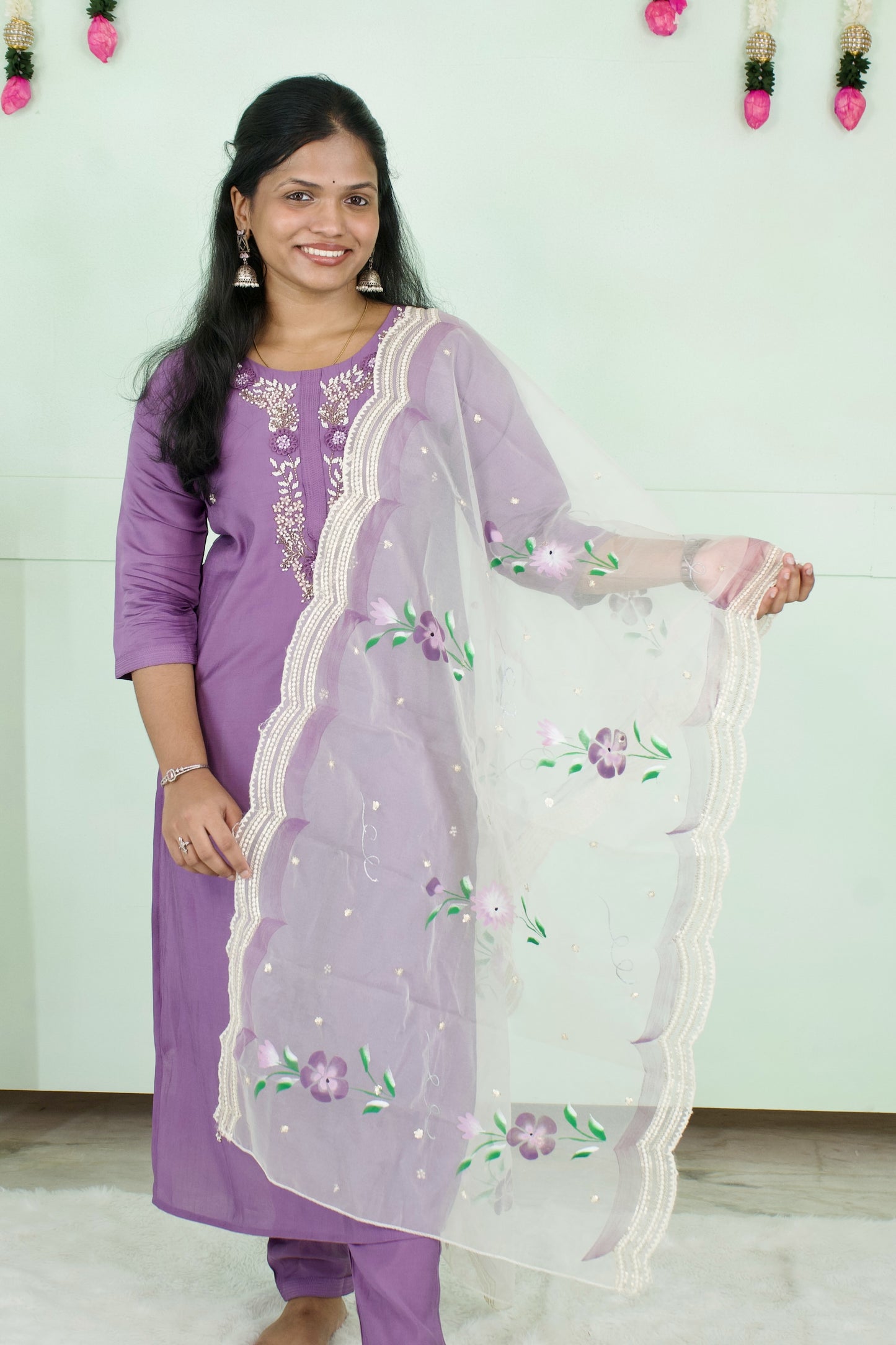 Handworked 3-Piece Kurti Set with Handpainted Dupatta
