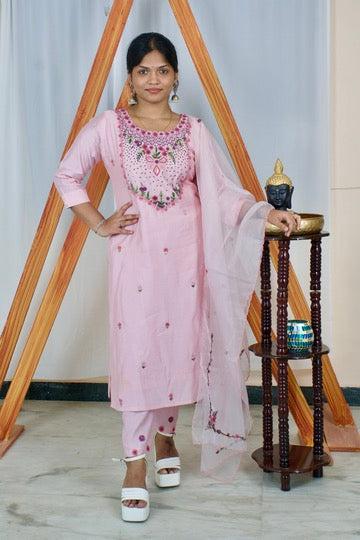 Powder Pink Embroidered Trio kurti set