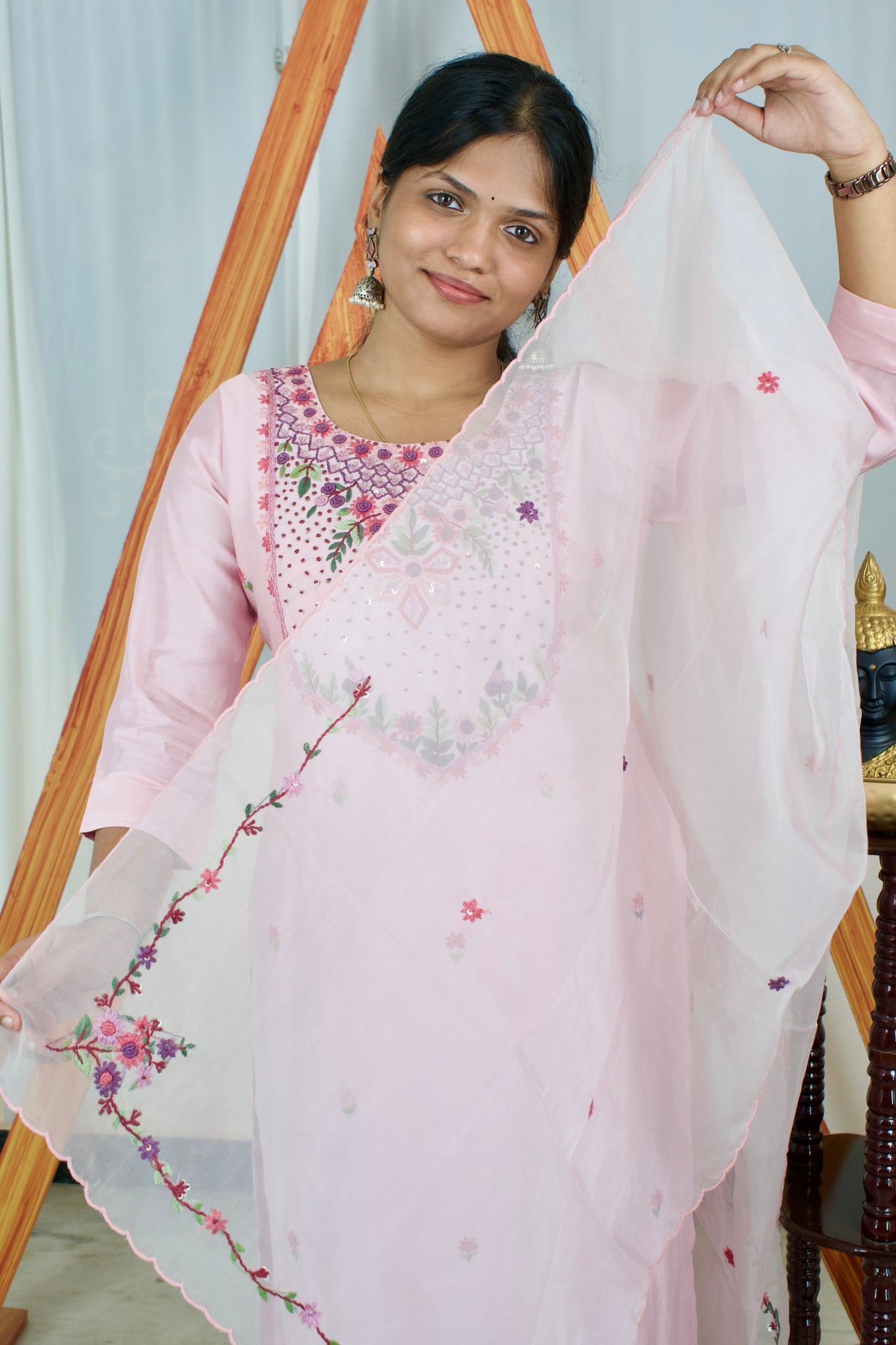 Powder Pink Embroidered Trio kurti set