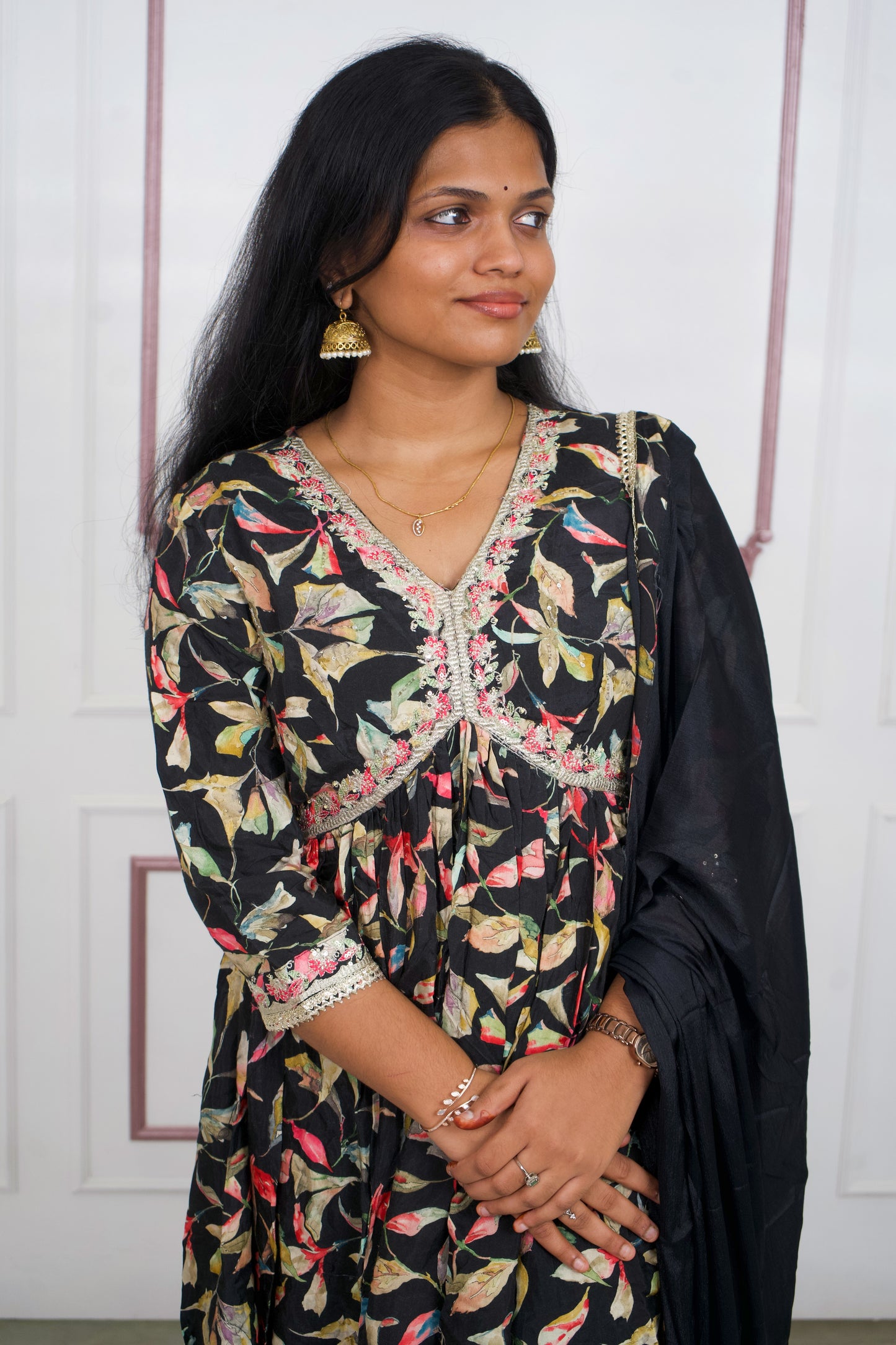 Black anarkali pure chinnon 3 piece kurti set