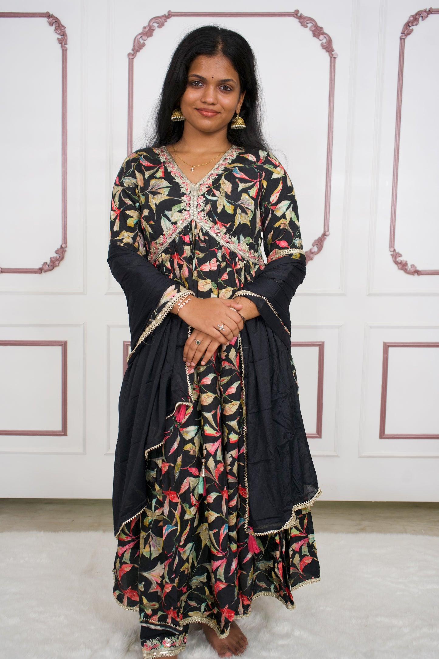 Black anarkali pure chinnon 3 piece kurti set