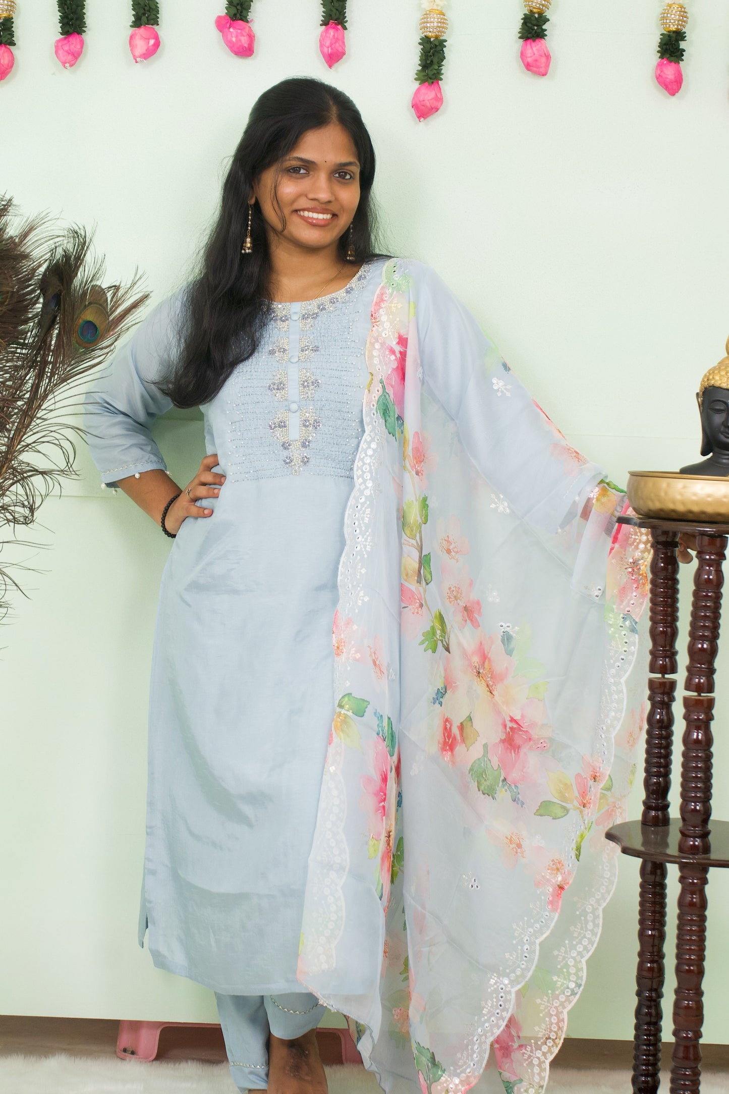 Icy blue dola silk 3 piece Kurti set.