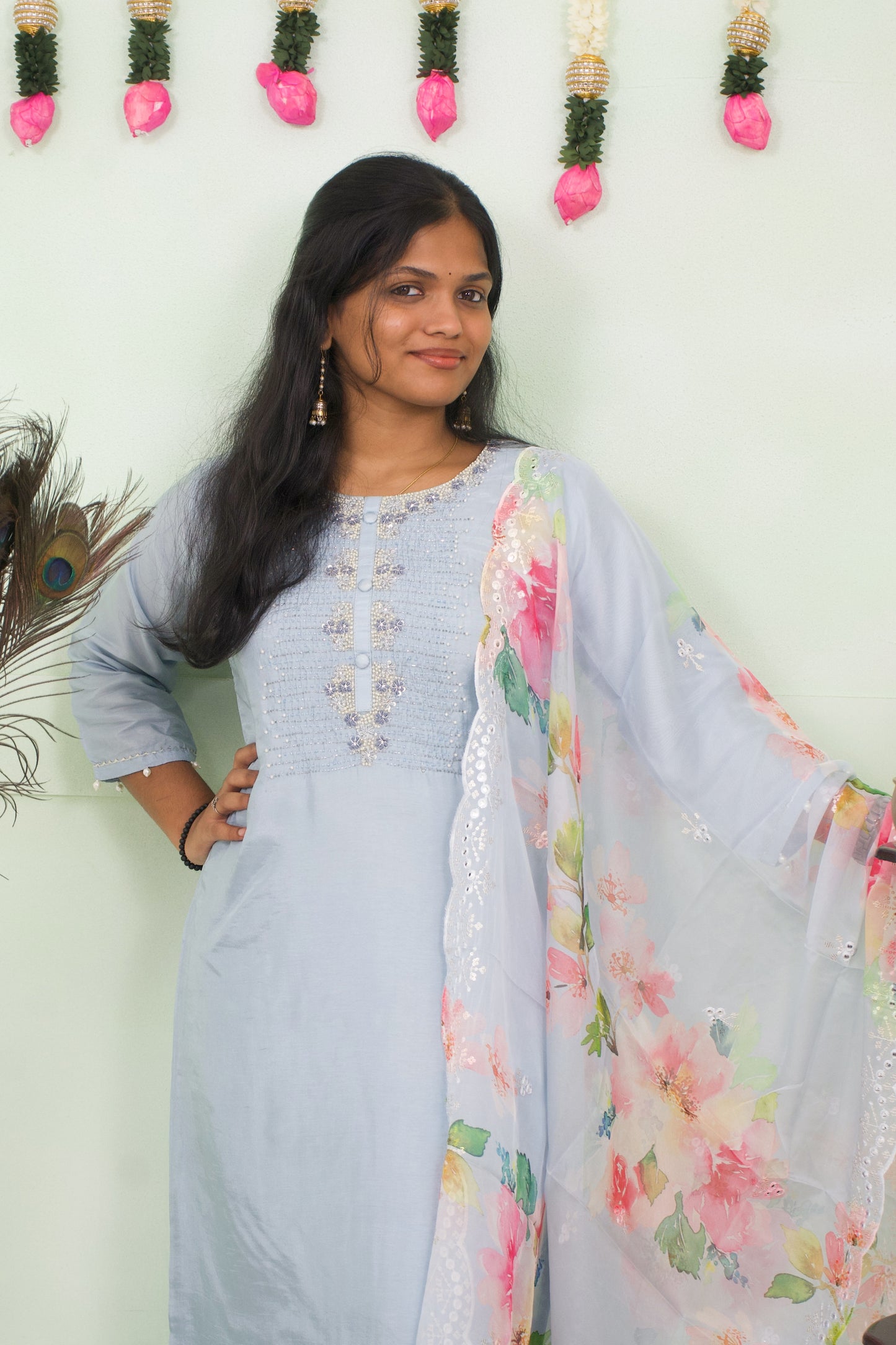 Icy blue dola silk 3 piece Kurti set.