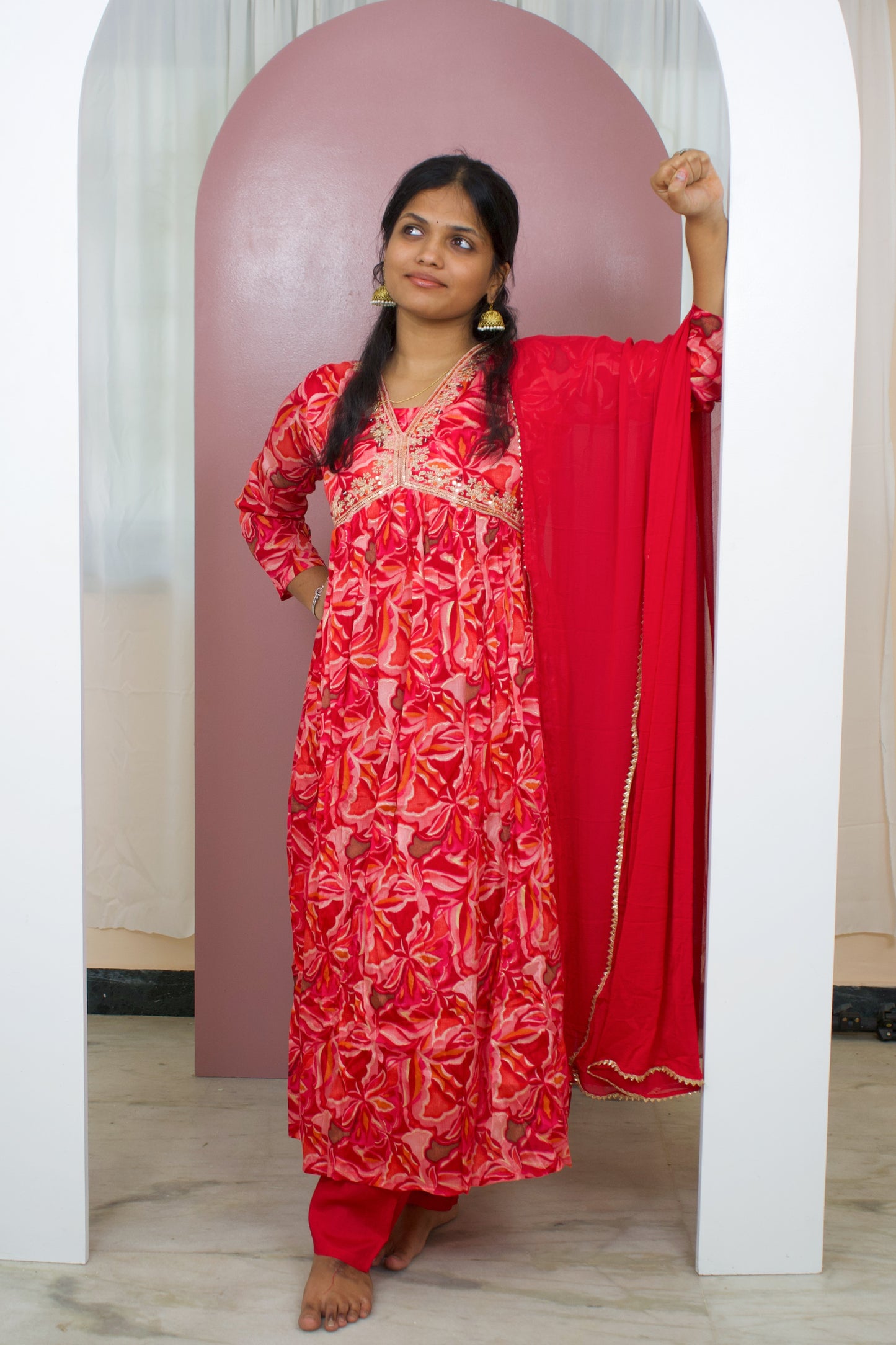 Red Nyra Cut 3-Piece Kurti Set