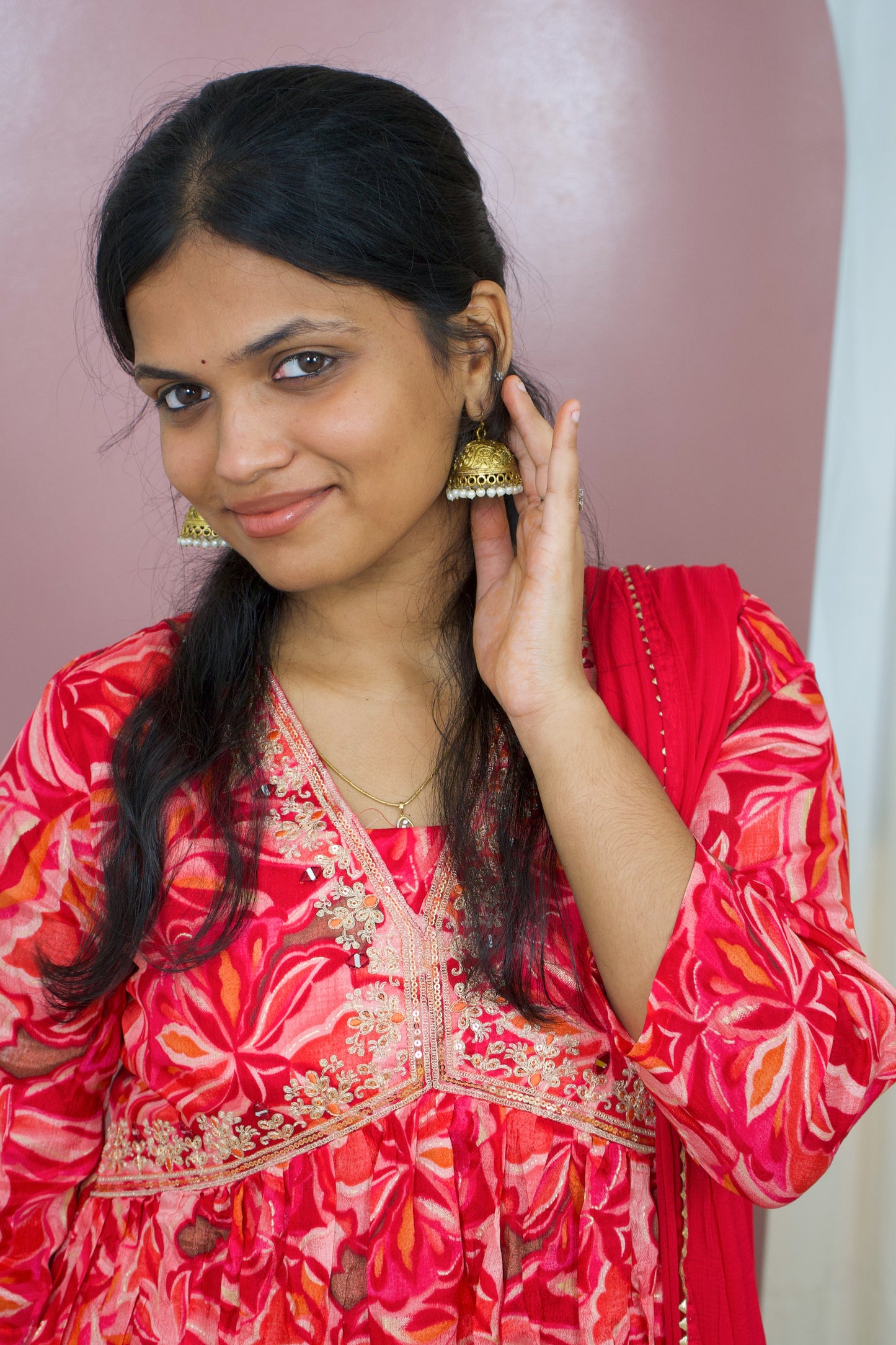 Red Nyra Cut 3-Piece Kurti Set