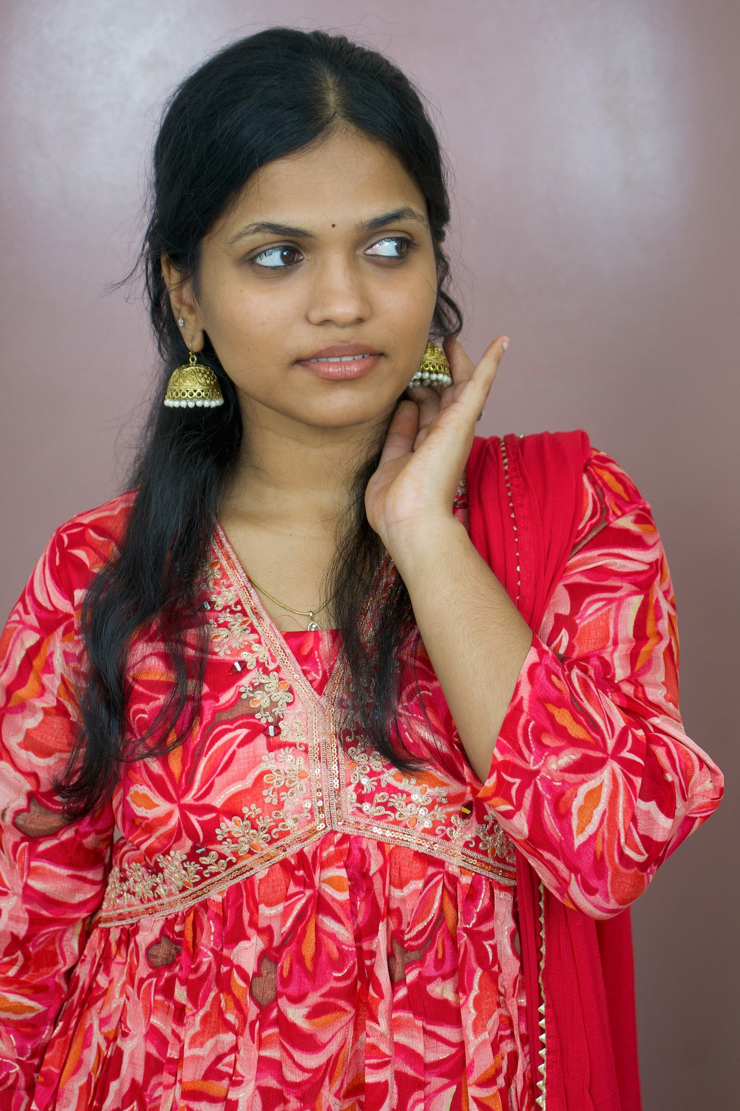Red Nyra Cut 3-Piece Kurti Set