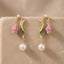 MIMI - Gold Pearl Pink Stone Detachable Floral Earrings For Women
