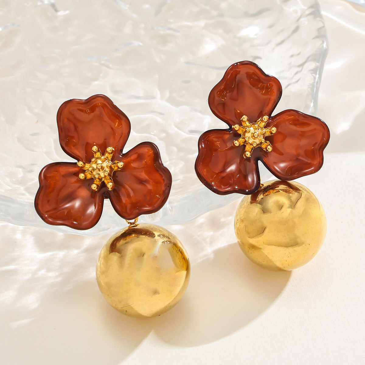 MIMI - Amber Resin Floral Drop Earrings With Gold Accents Secondary image