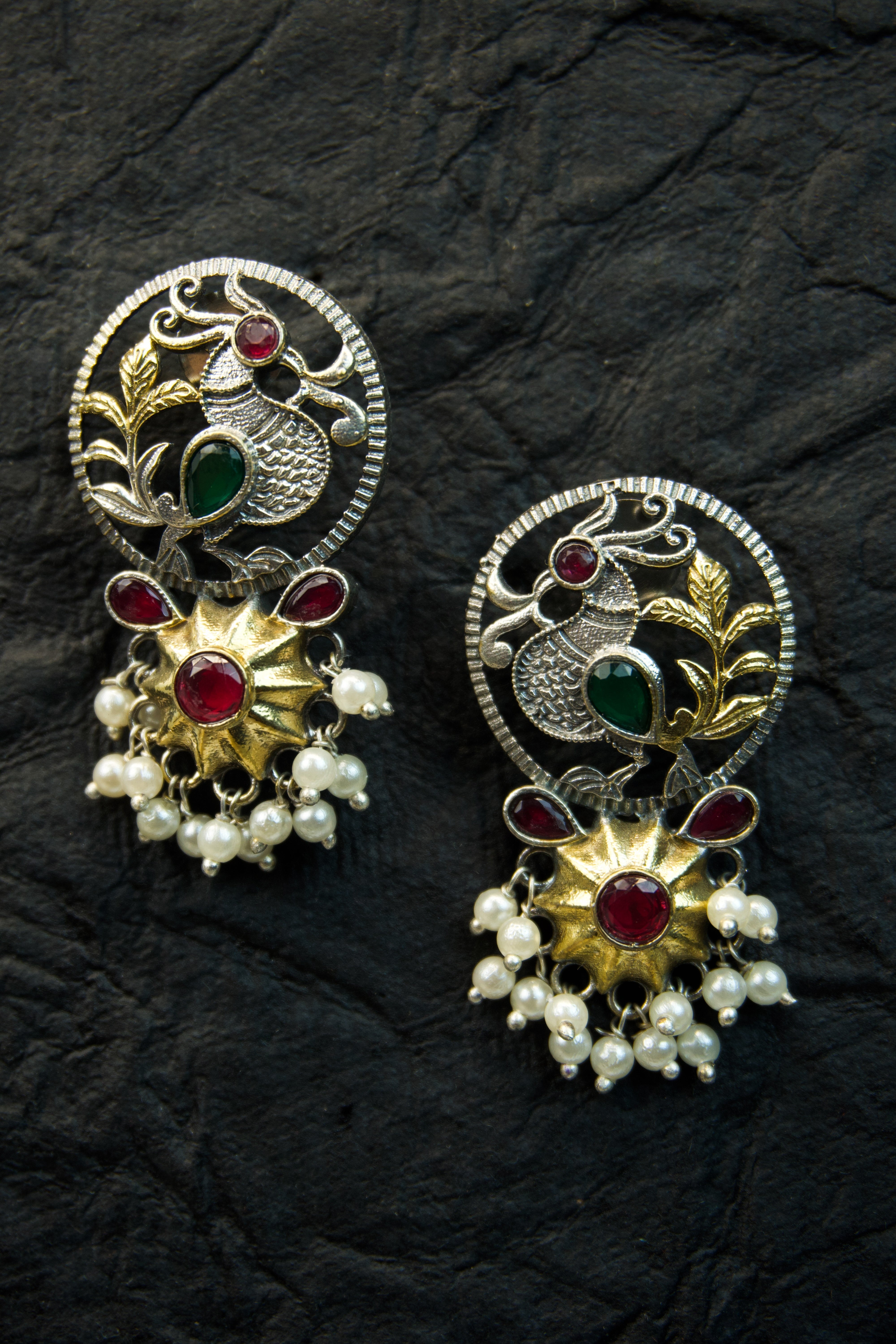 SARA - Dual Tone Premium Peacock Earrings Secondary image
