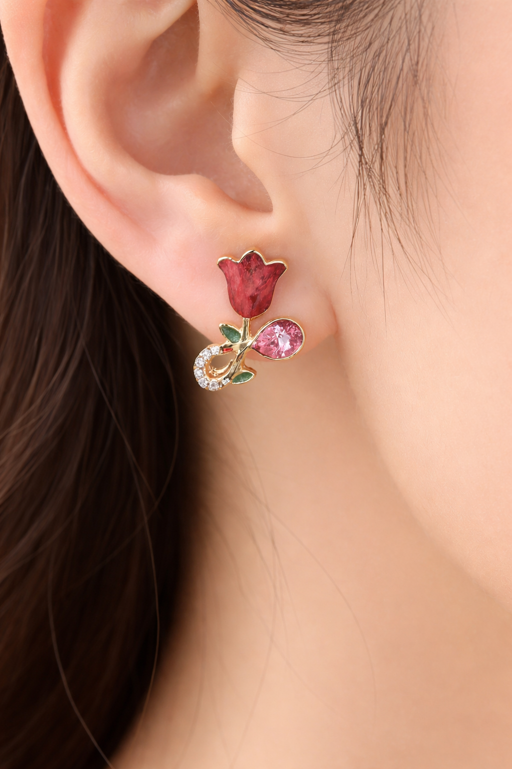 MIMI - LOTUS CUTE DARK PINK EARRINGS - 3