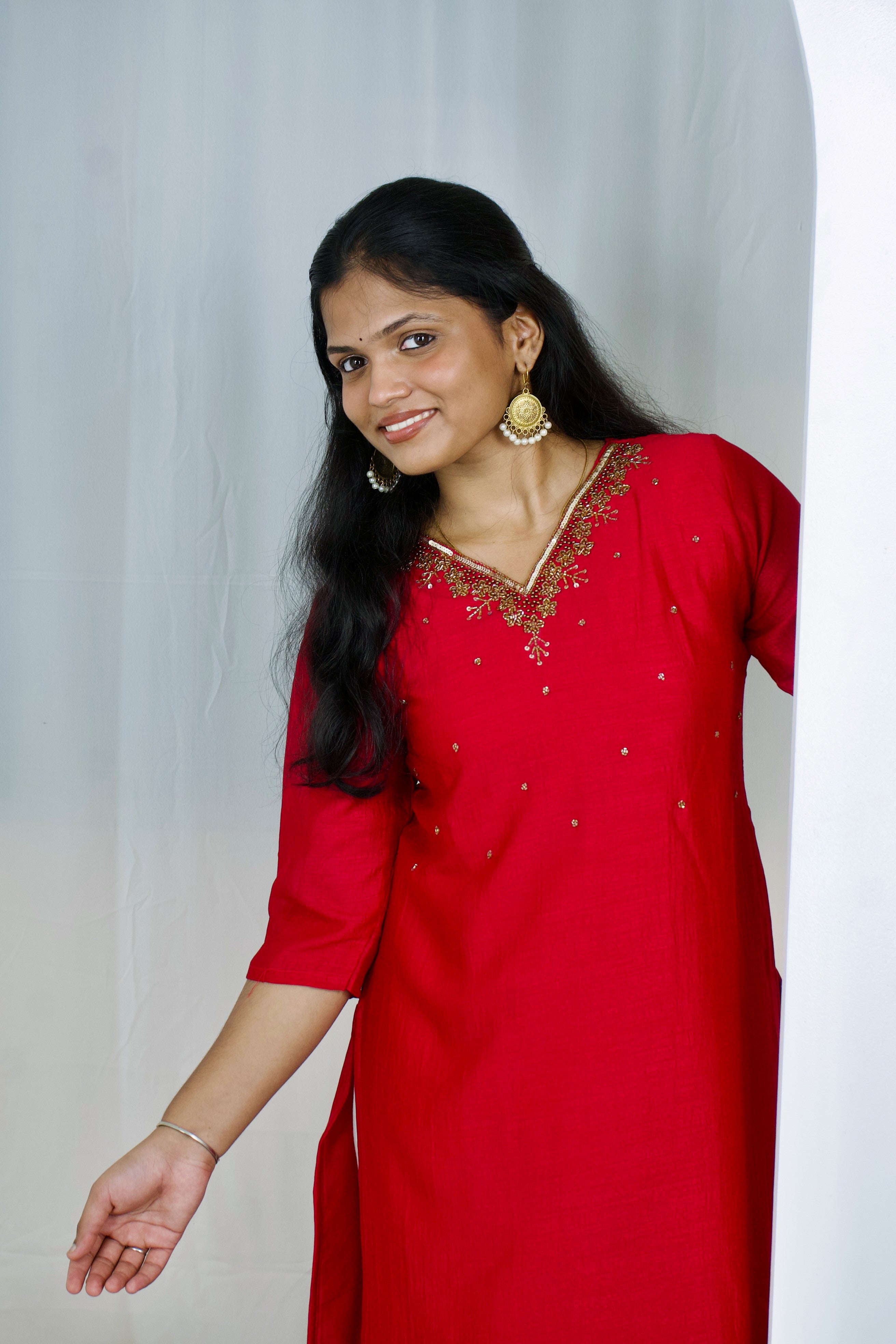 Juicy Tomato Chic: Vichitra Silk Handwork Set Secondary image