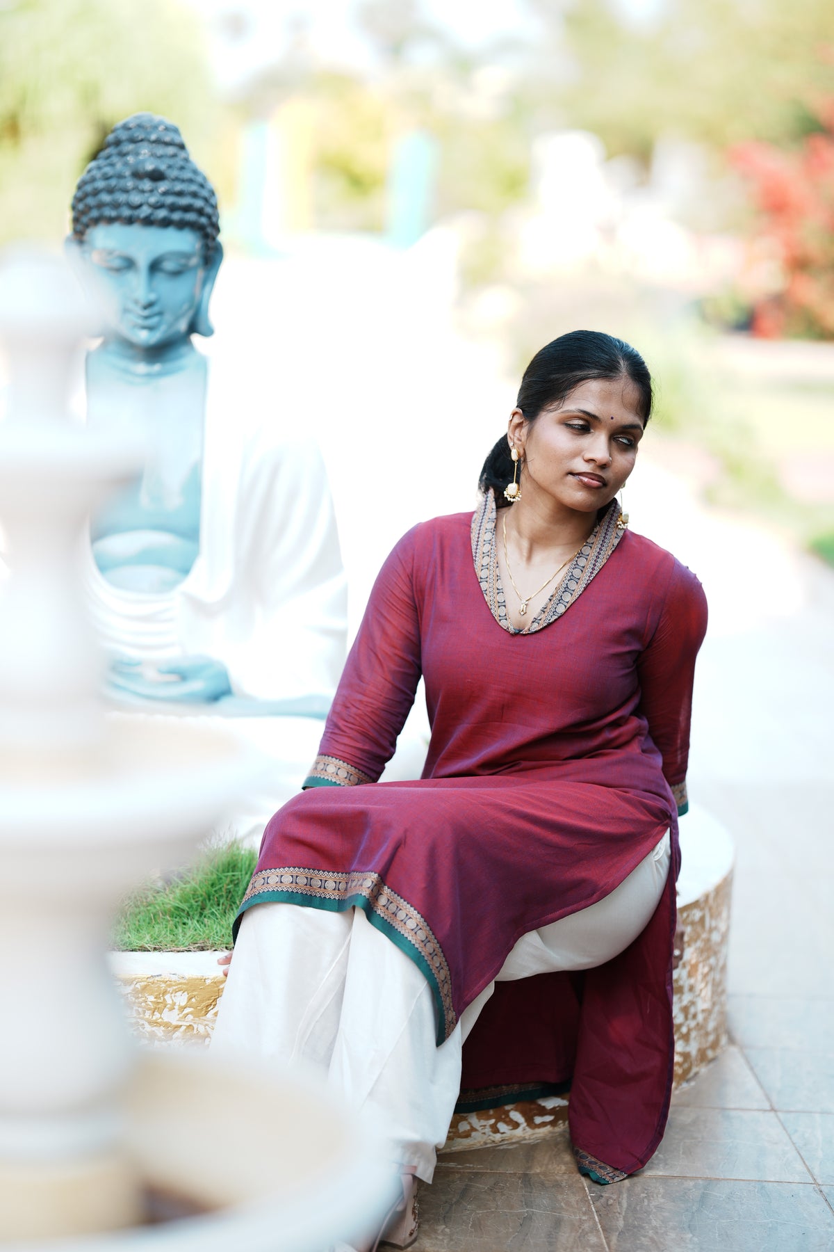 Charumathi – Burgundy Statement Neckline Long Kurti | Utsav