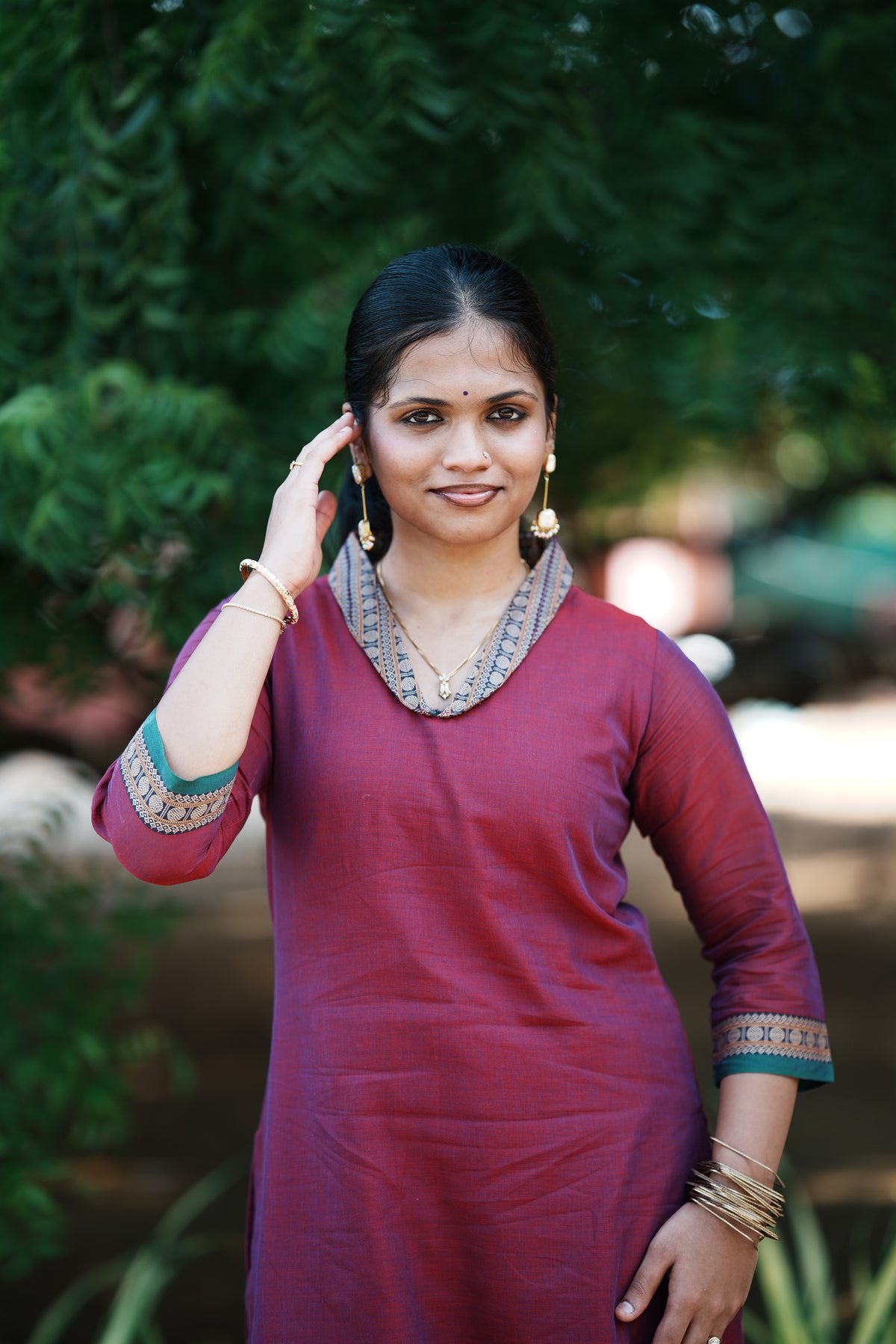 Charumathi – Burgundy Statement Neckline Long Kurti | Utsav