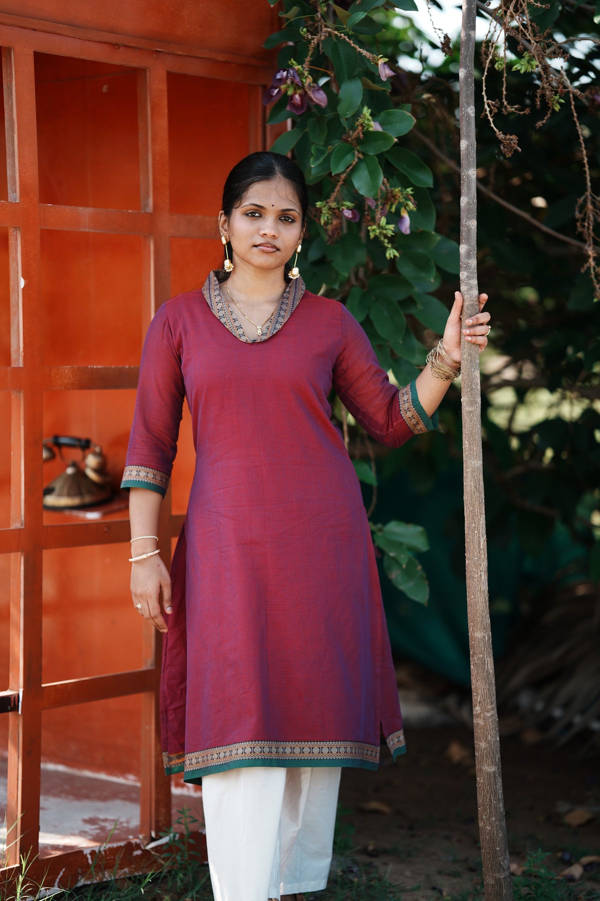 Charumathi – Burgundy Statement Neckline Long Kurti | Utsav