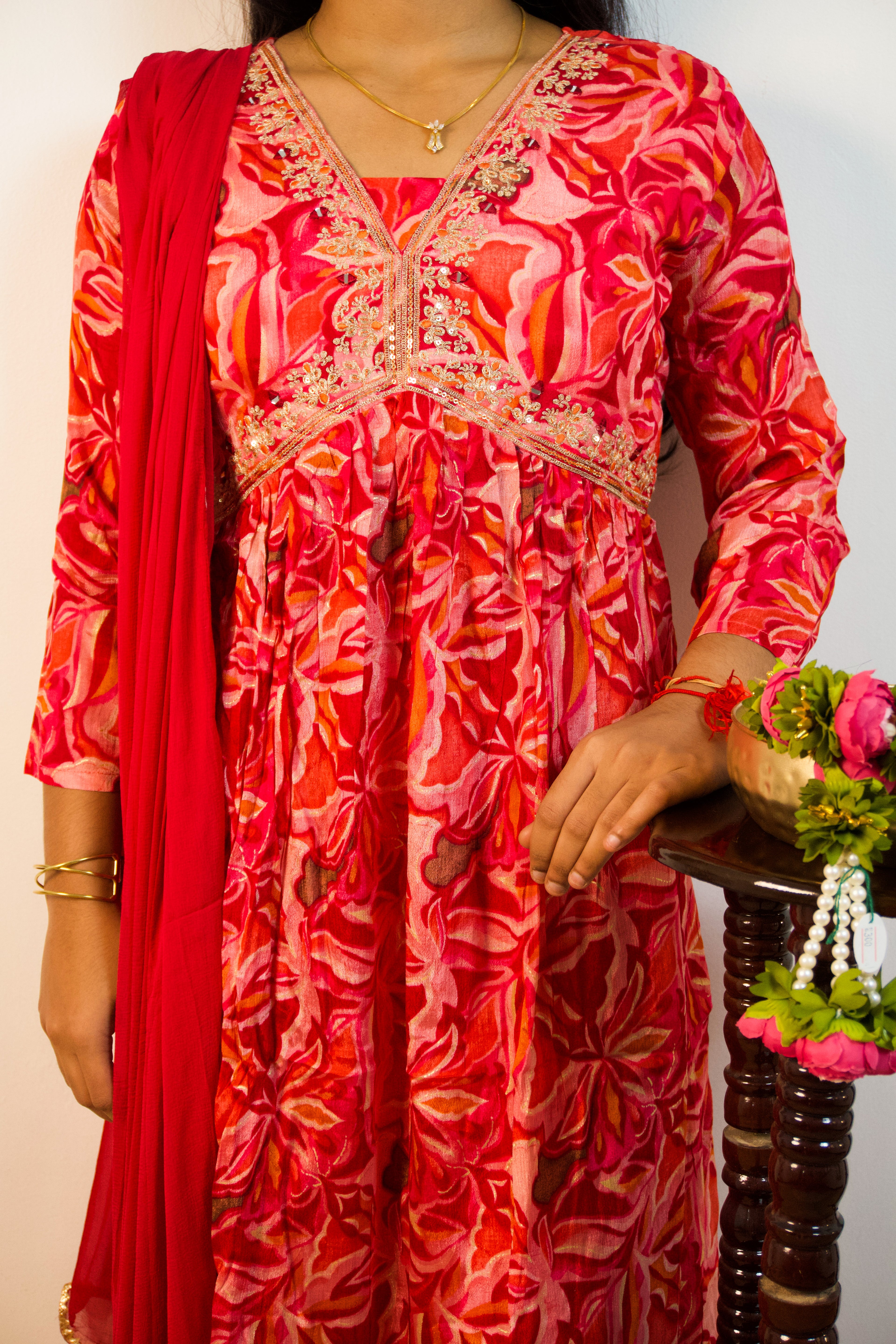 Flawless Light Red: Nyra Cut 3-Piece Set with Intricate Embroidery