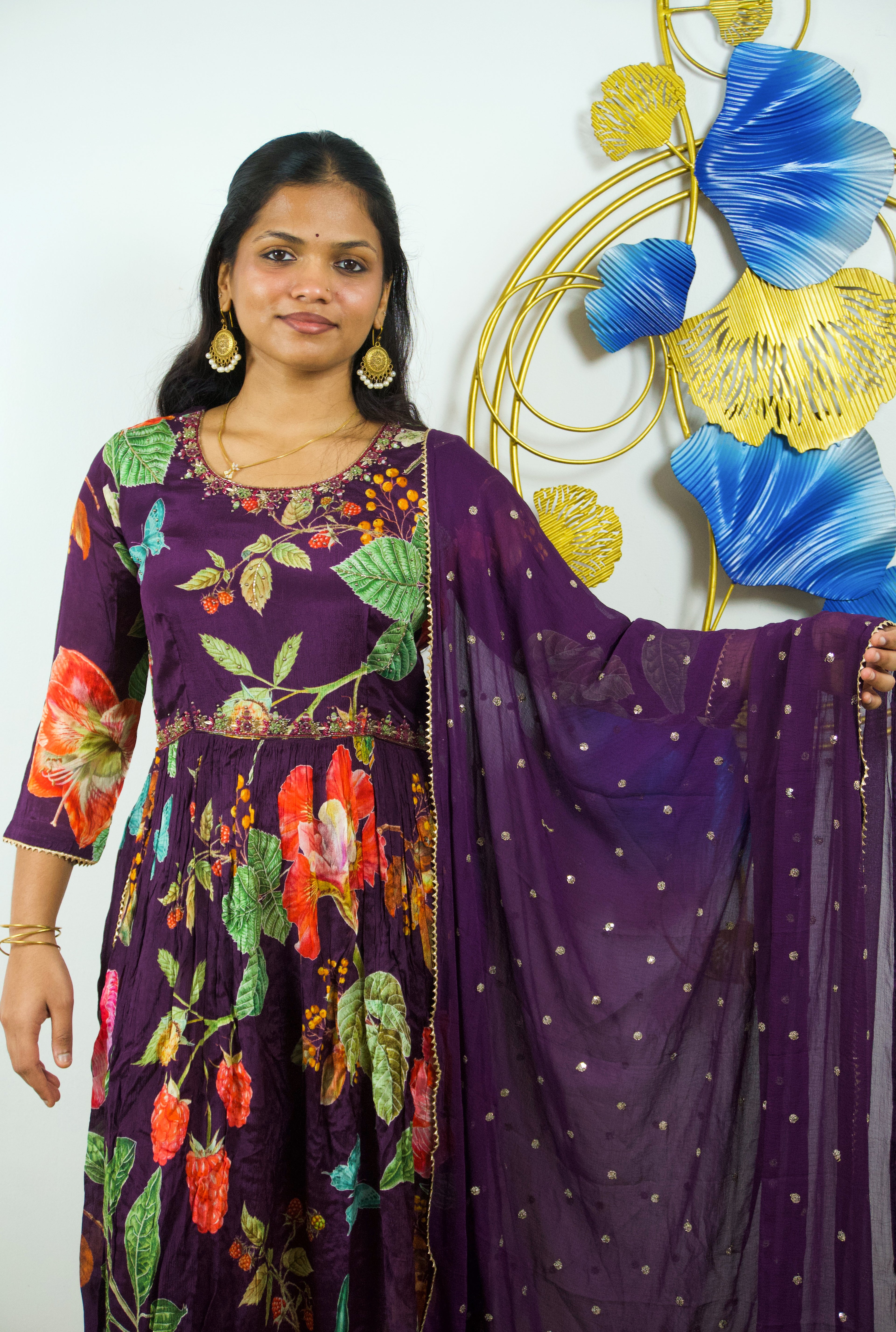 Grand Wine Elegance: Nyra Cut 3-Piece Set with Handwork and Digital Prints