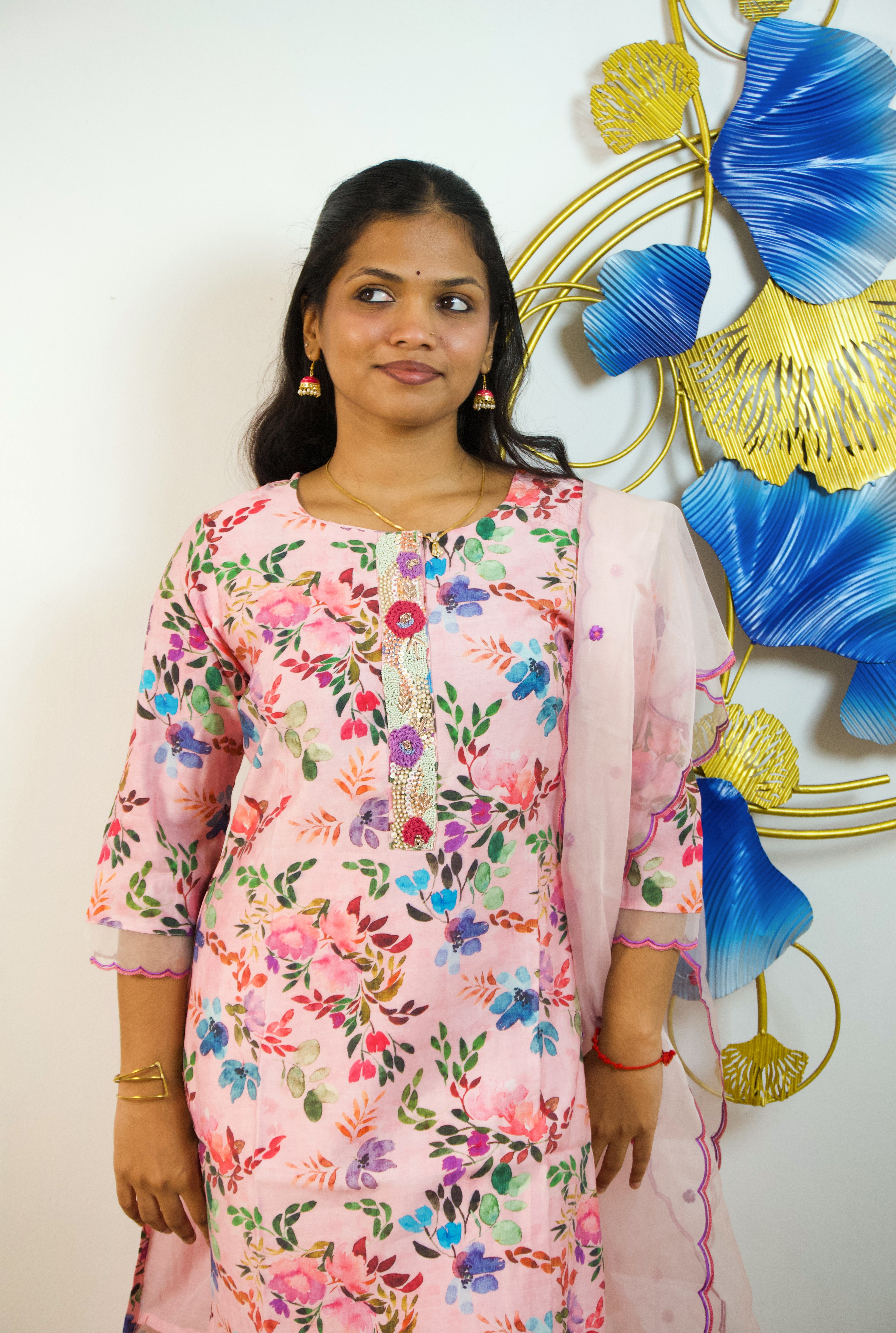 Kitty Party Chic: Floral Silk Glam Set