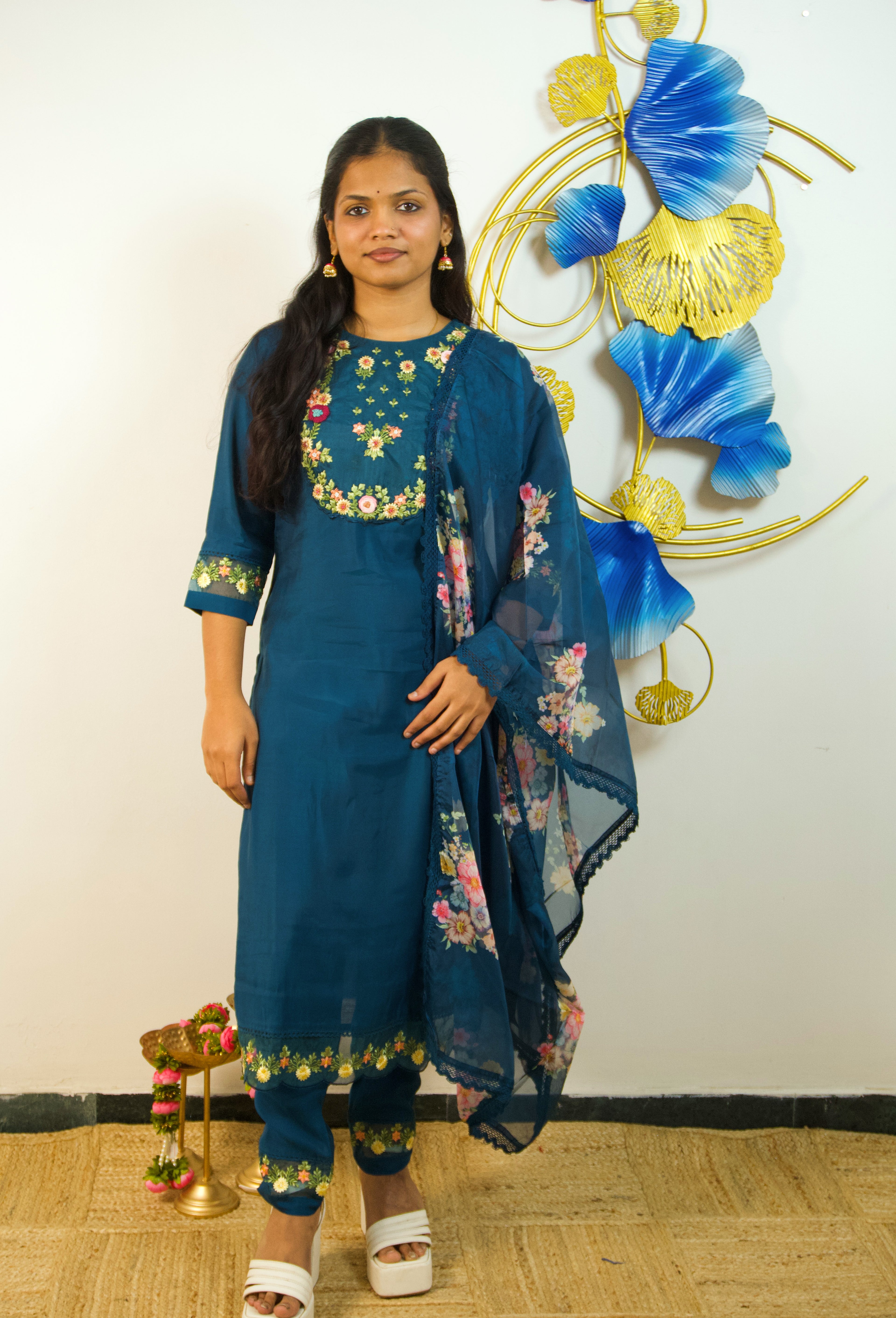 Jubilant Teal: Full Embroidery 3 piece set