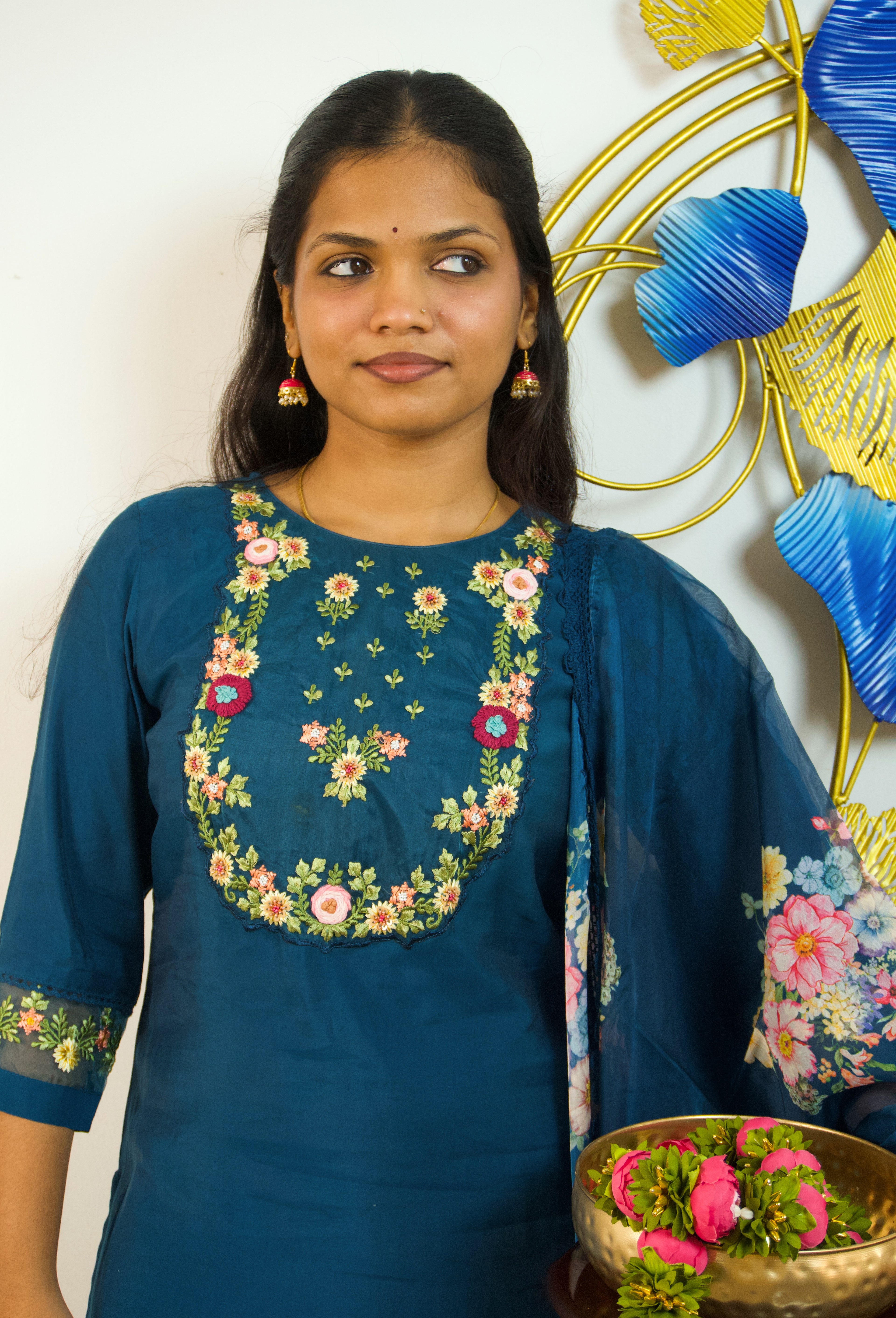 Jubilant Teal: Full Embroidery 3 piece set
