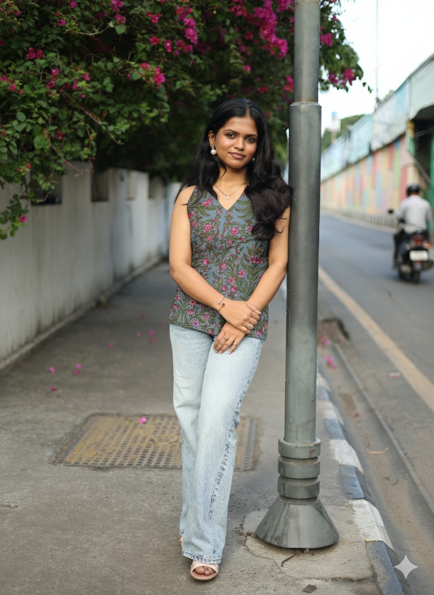 Dharshu - Sculpted to Slay | Padded/Backless Kurtis  (Jaipur Sanganeri pure cotton) Main image