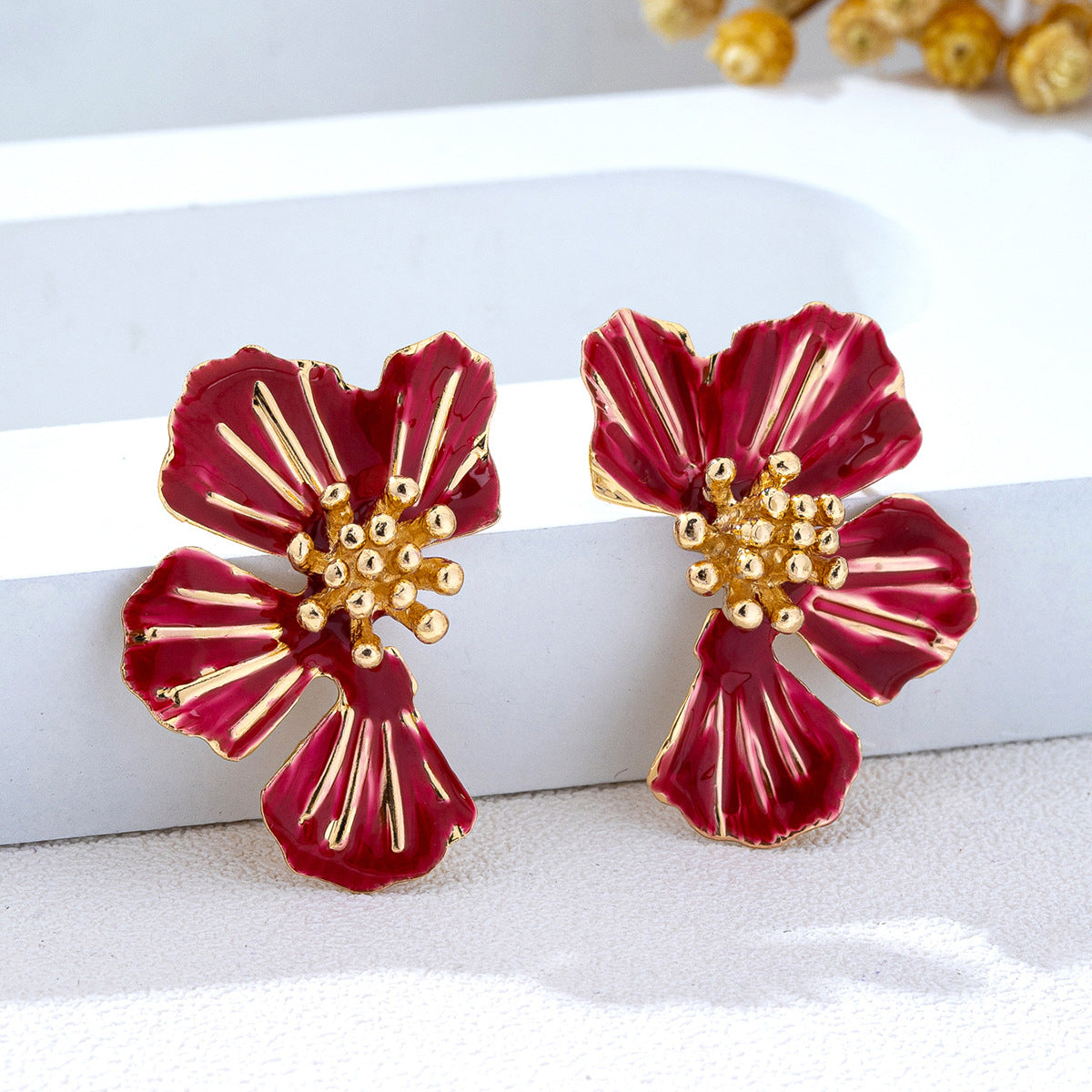 MIMI - Red Enamel Gold Plated Flower Stud Earrings For Women Secondary image