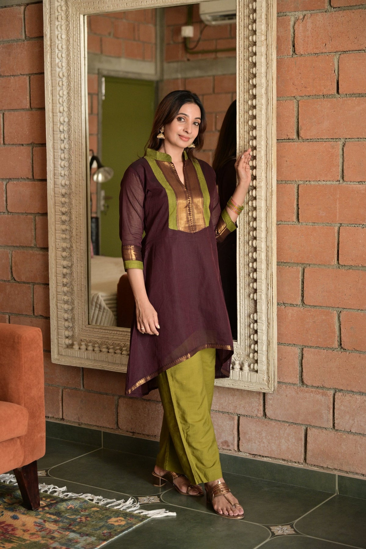Kavya – Wine High-Low Kurti with Zari Yoke | Utsav