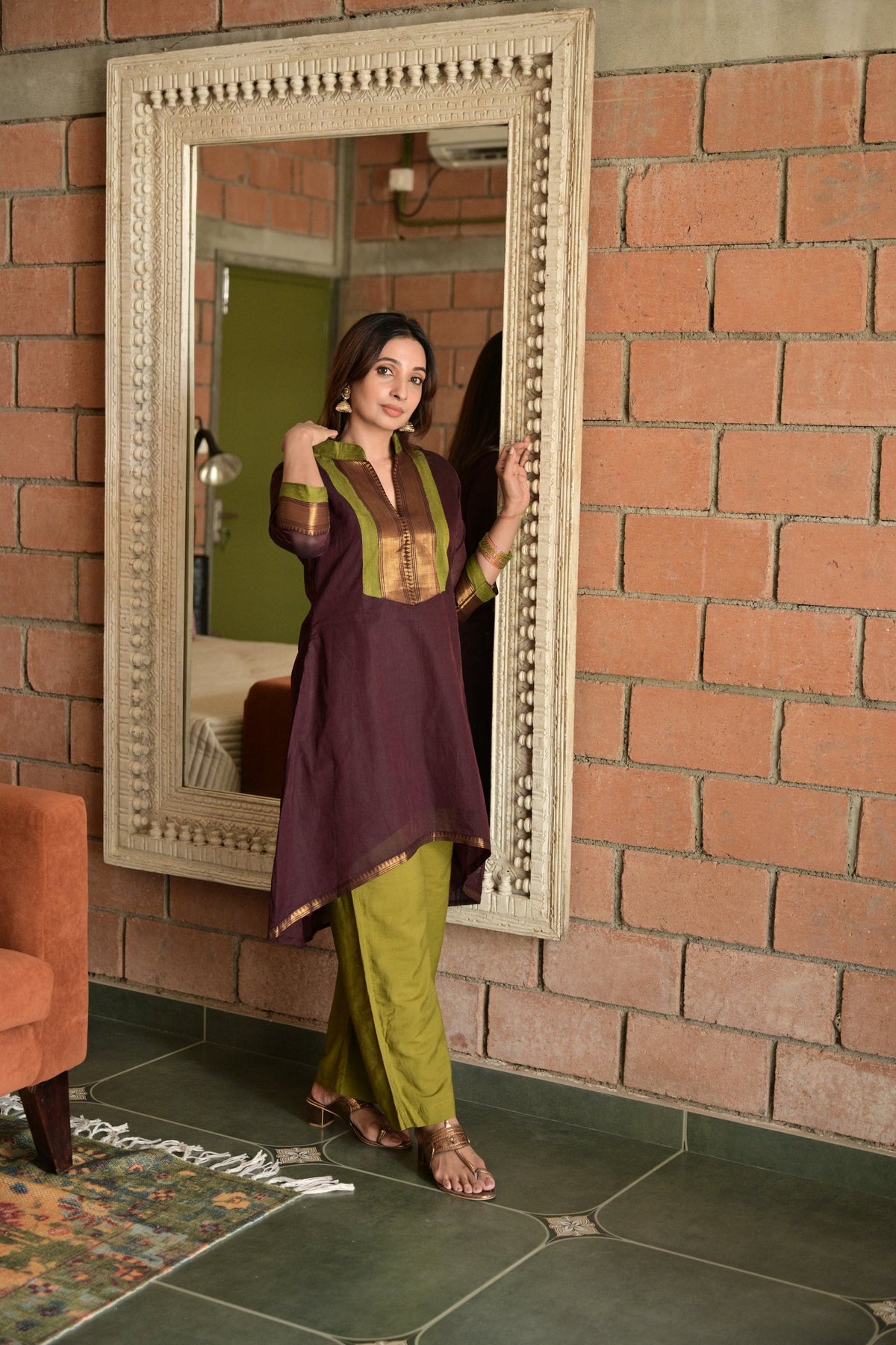 Kavya – Wine High-Low Kurti with Zari Yoke | Utsav