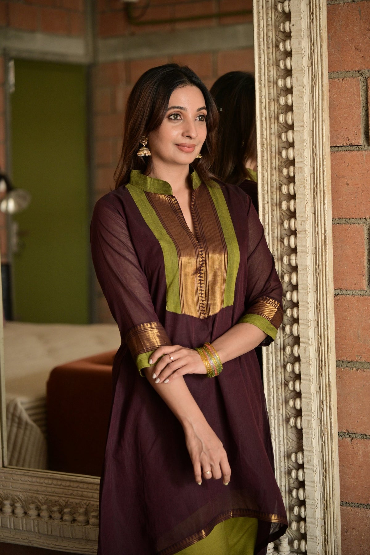Kavya – Wine High-Low Kurti with Zari Yoke | Utsav