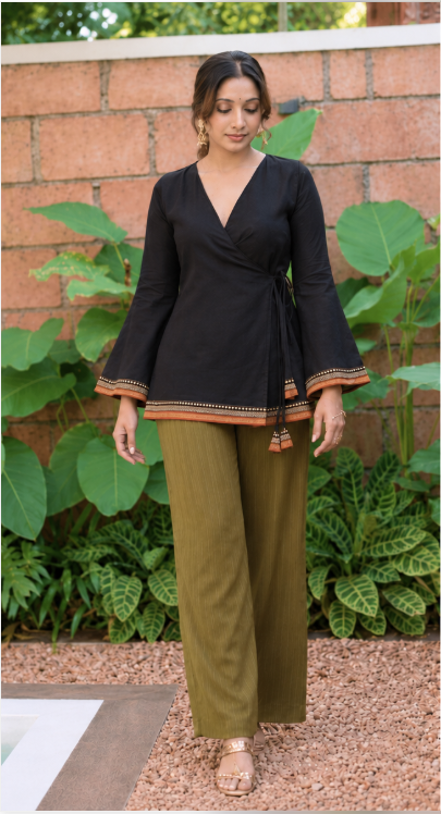 Keerthi - Black wrap top with Mustard border with tassels and Sleeves | Afterglow