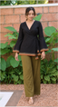 Keerthi - Black wrap top with Mustard border with tassels and Sleeves | Afterglow
