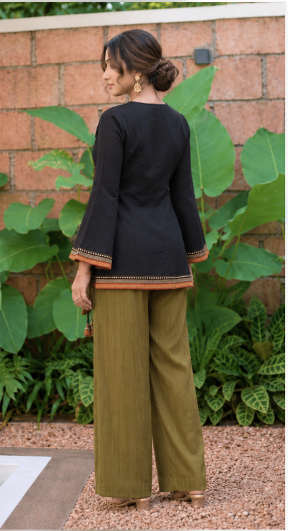 Keerthi - Black wrap top with Mustard border with tassels and Sleeves | Afterglow