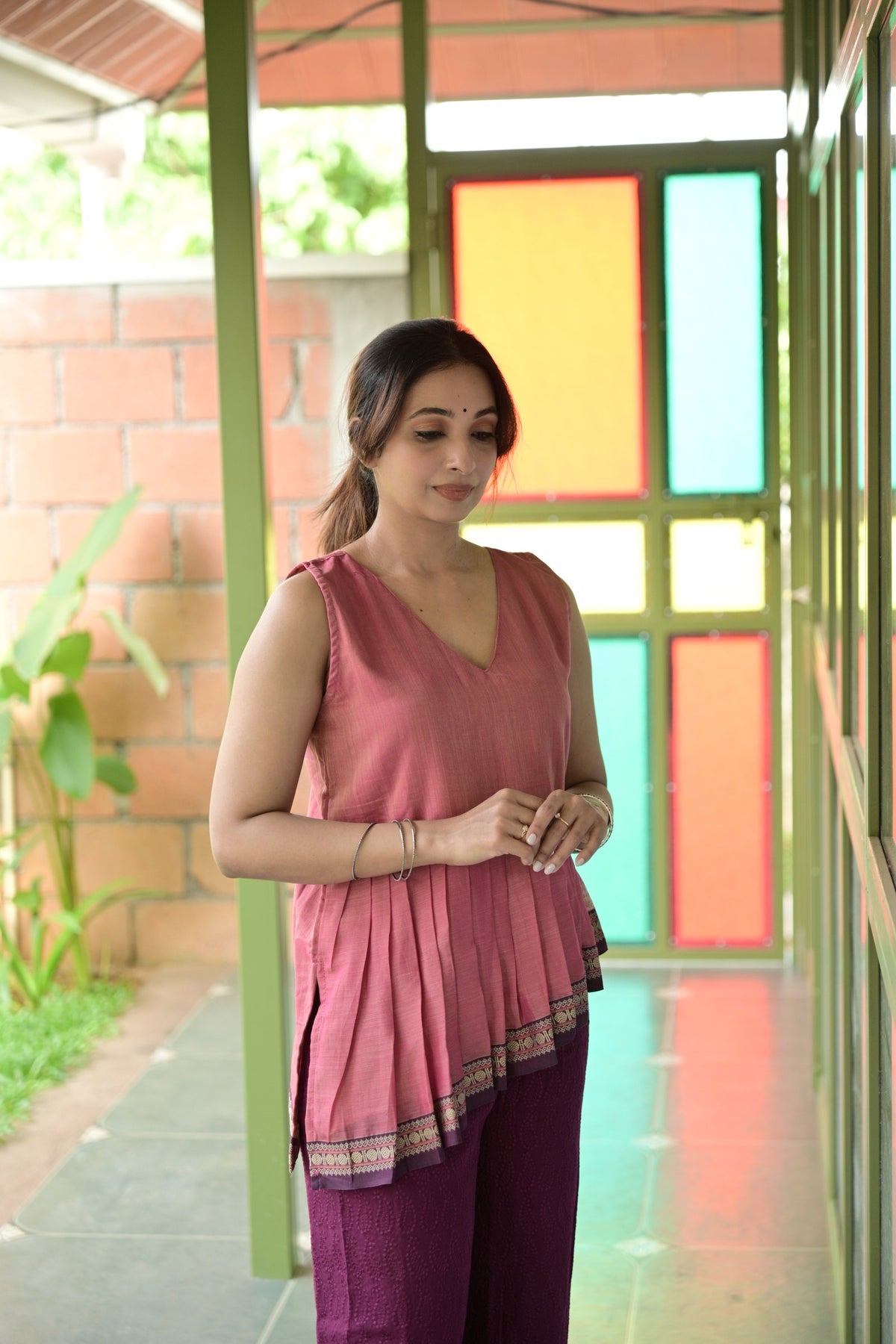 Malavika – Rose Pink Pleated Asymmetric Short Kurti | Afterglow