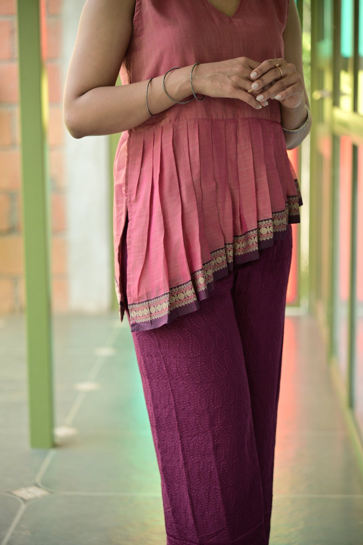 Malavika – Rose Pink Pleated Asymmetric Short Kurti | Afterglow