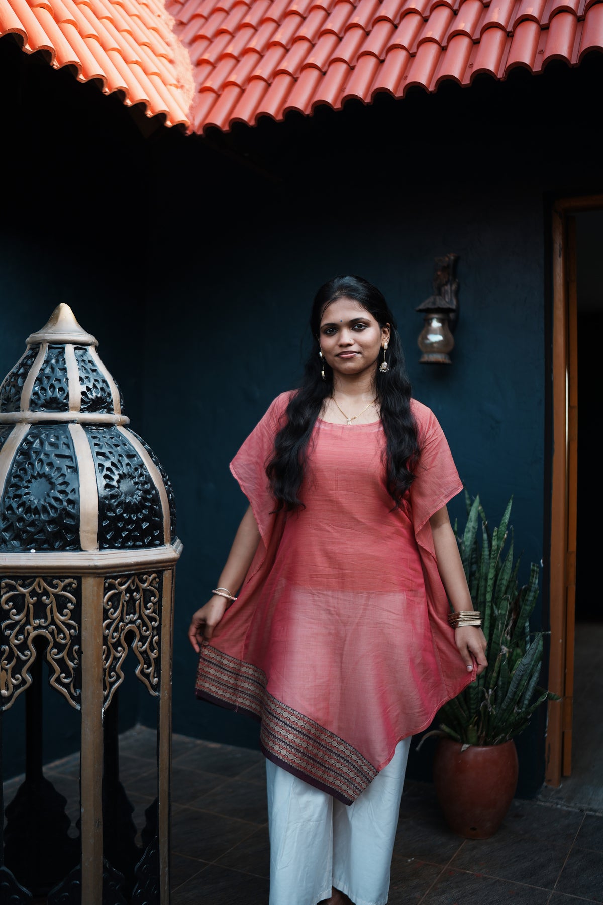 Malligai – Coral Pink Asymmetric Short Kurti | Afterglow