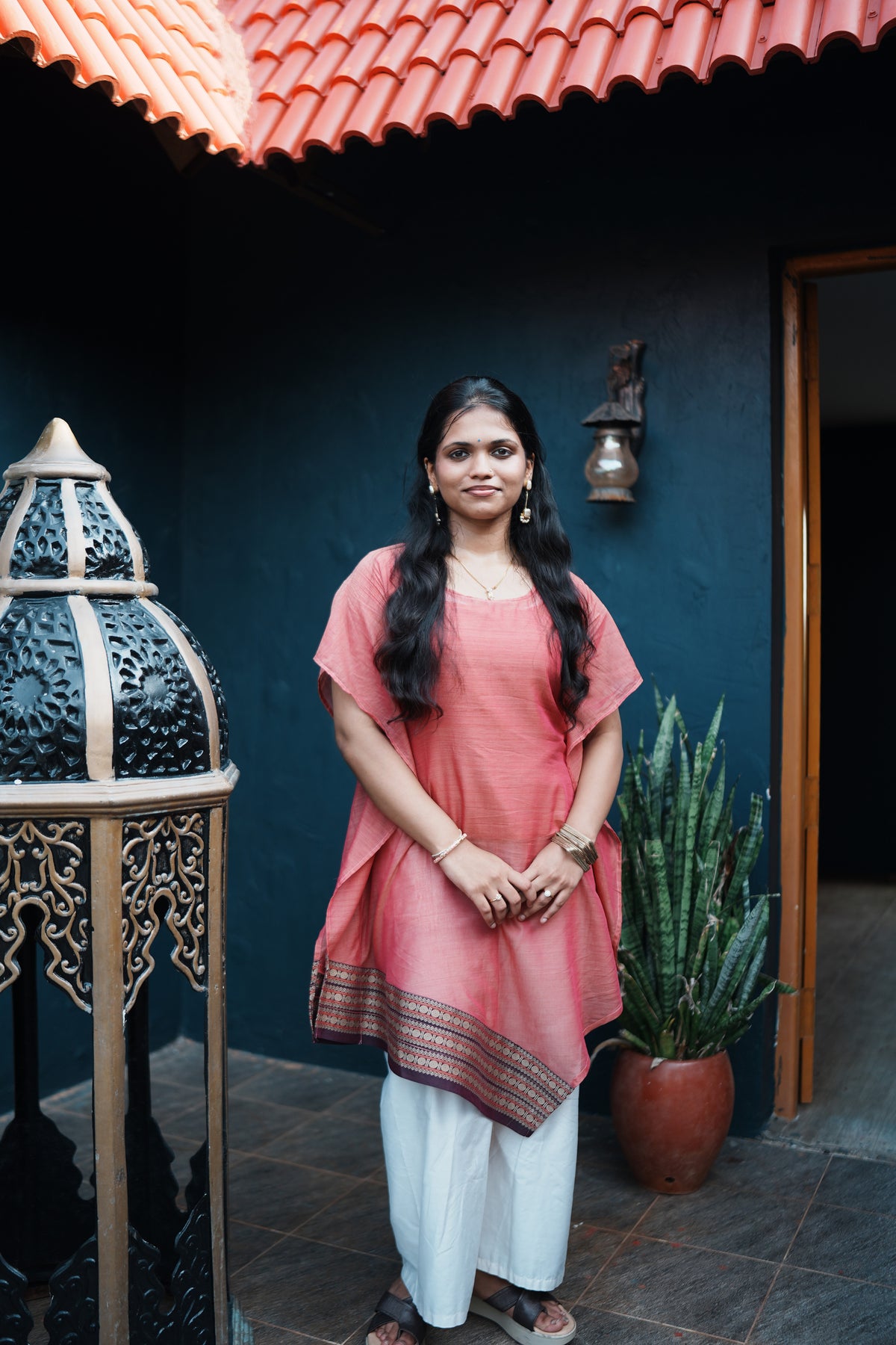 Malligai – Coral Pink Asymmetric Short Kurti | Afterglow