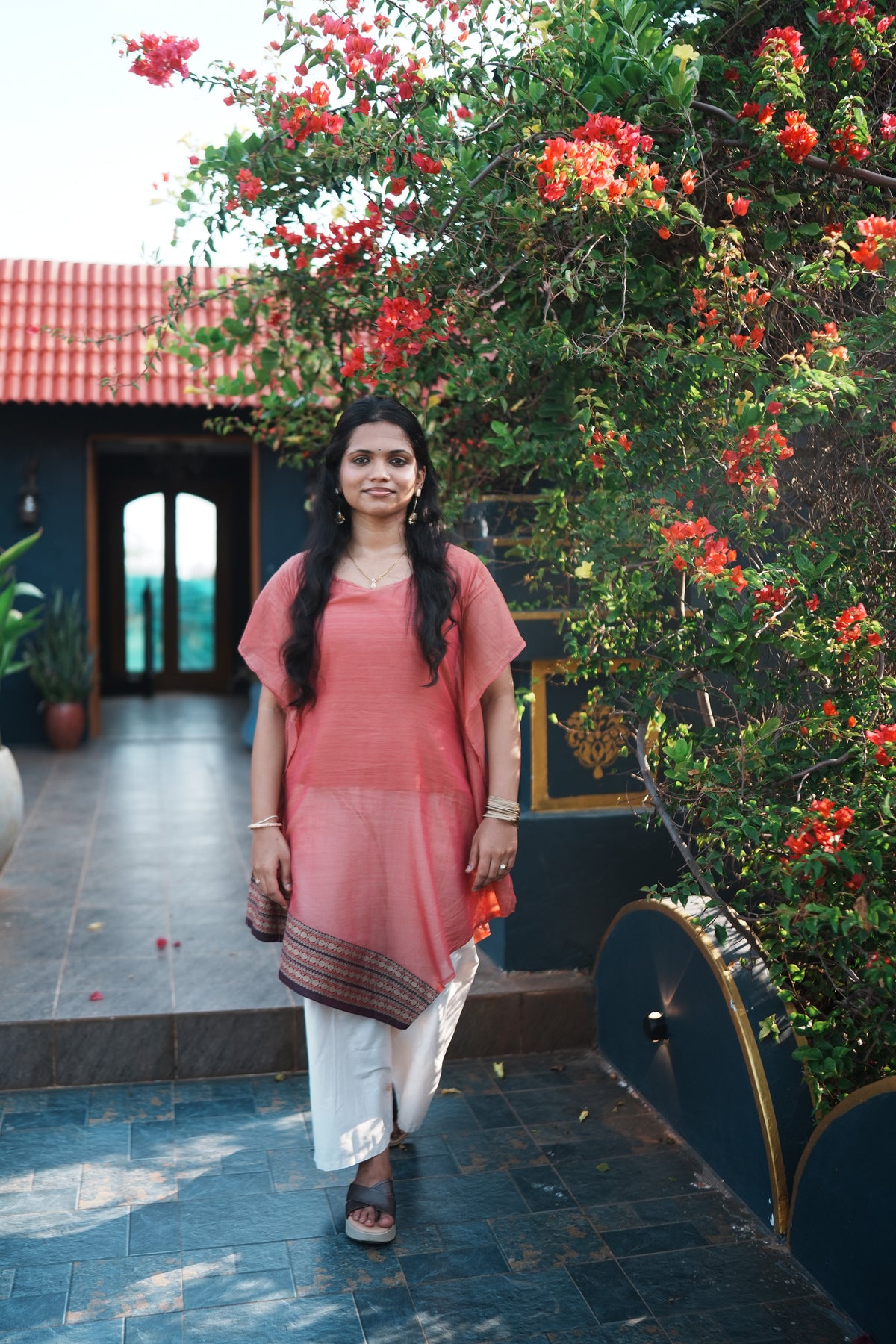 Malligai – Coral Pink Asymmetric Short Kurti | Afterglow