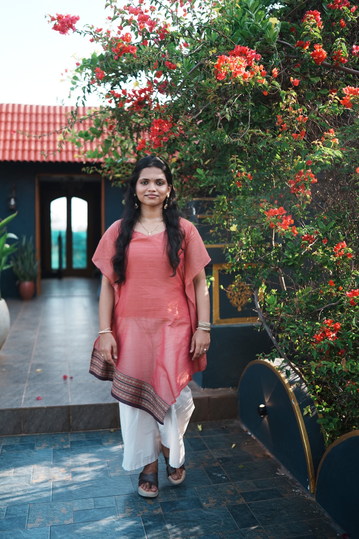 Malligai – Coral Pink Asymmetric Short Kurti | Afterglow