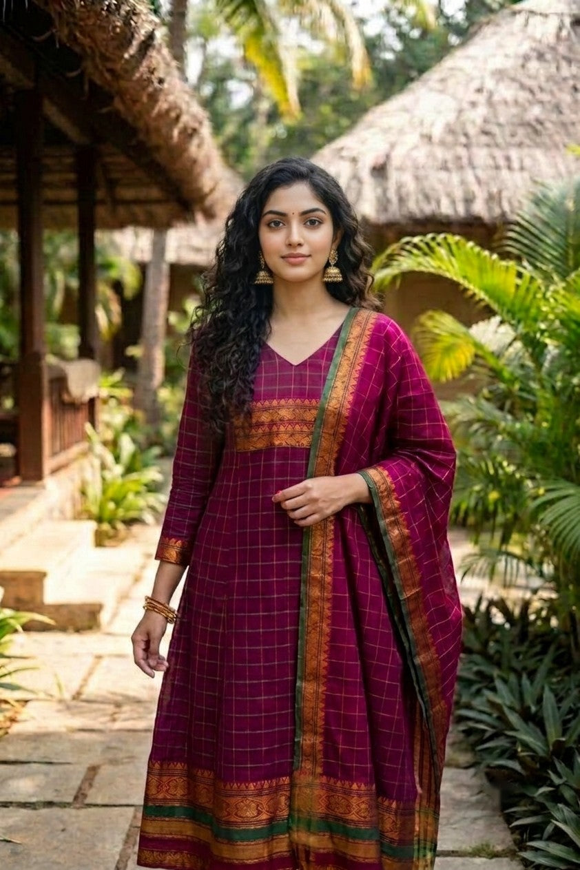 Manasa – Magenta Checked Anarkali Long Kurti | Utsav