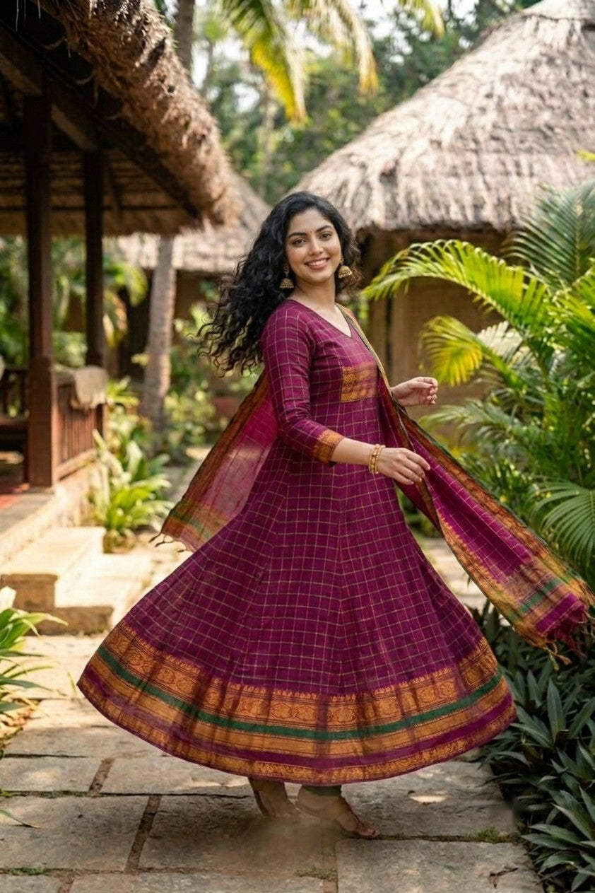 Manasa – Magenta Checked Anarkali Long Kurti | Utsav