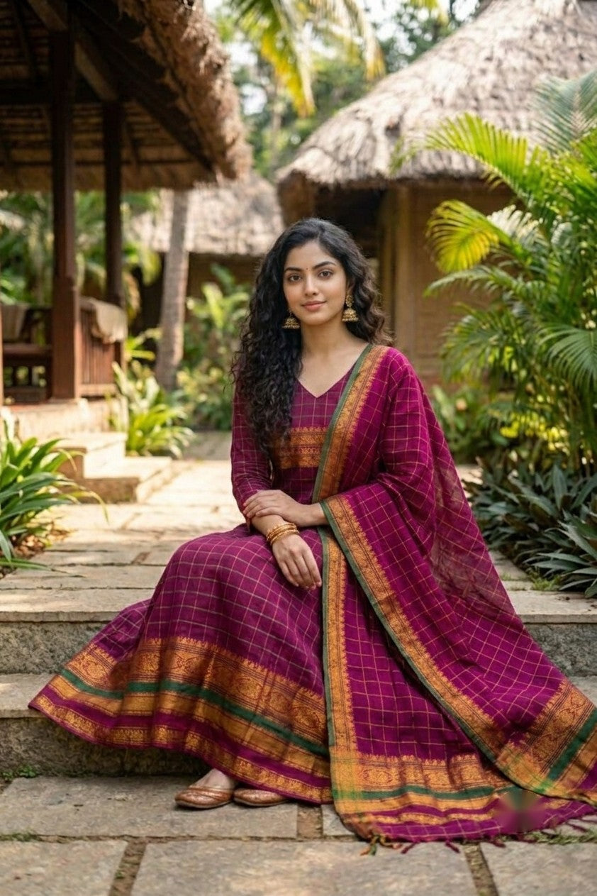 Manasa – Magenta Checked Anarkali Long Kurti | Utsav