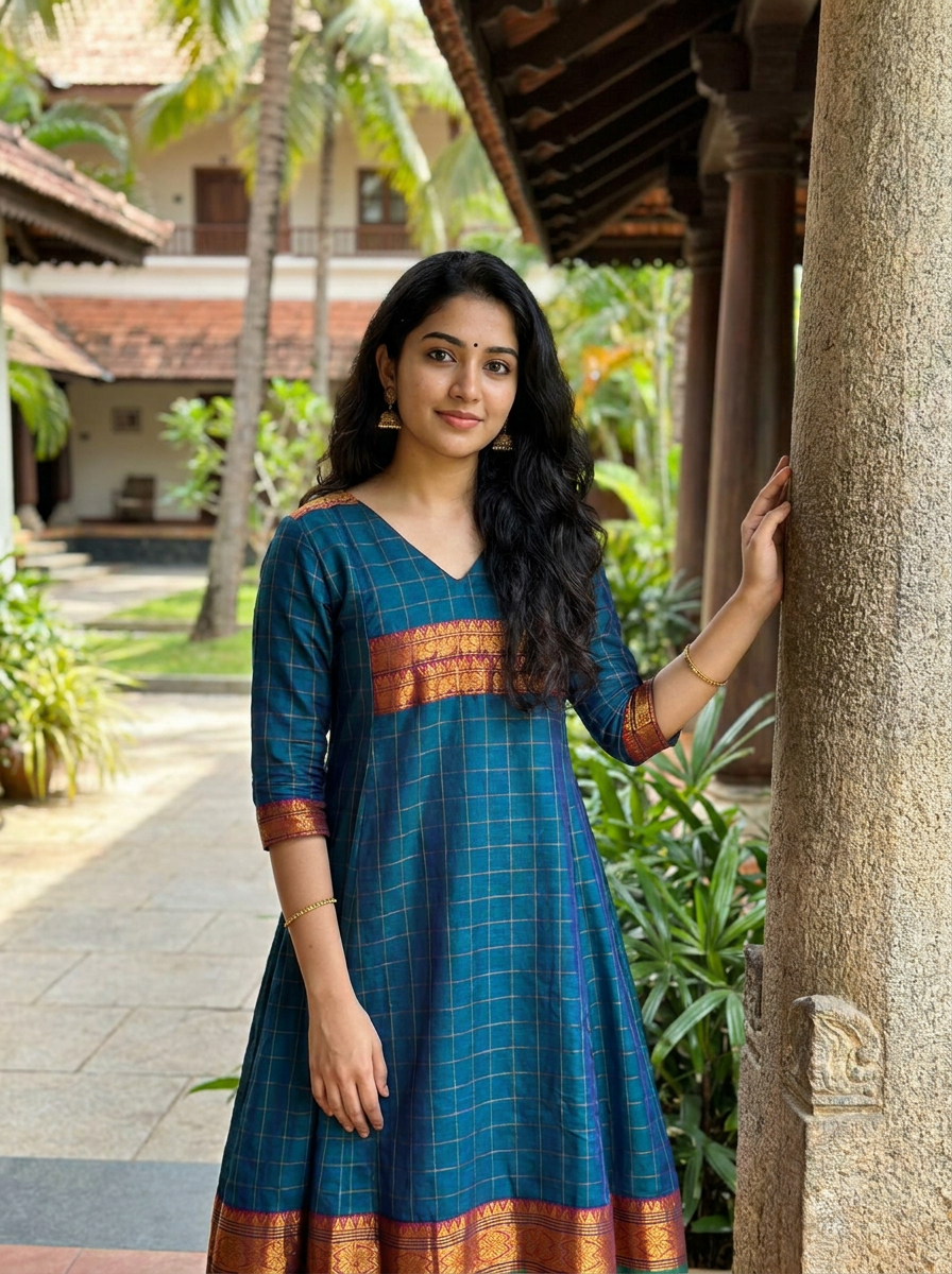 Manjari – Peacock Blue Checked Anarkali Long Kurti | Utsav