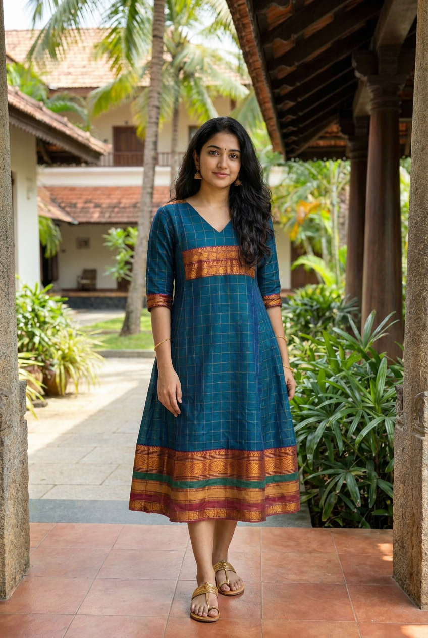 Manjari – Peacock Blue Checked Anarkali Long Kurti | Utsav
