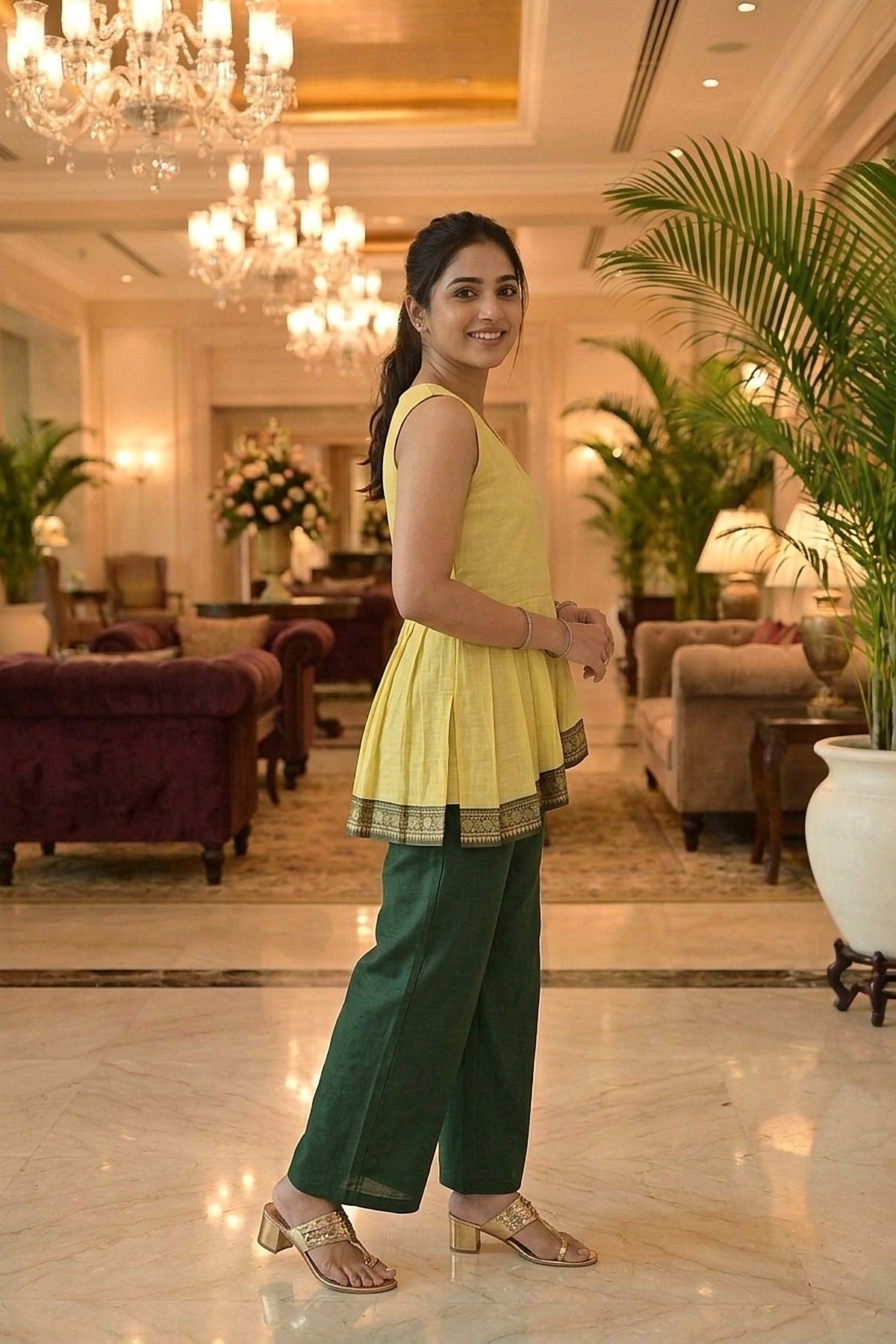 Manya – Lemon Yellow Pleated Peplum Short Kurti | Afterglow