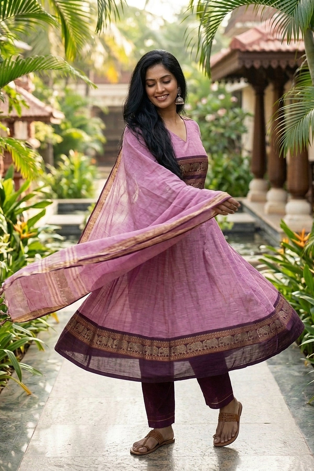 Mathura – Lilac Elephant Border Anarkali Long Kurti | Utsav