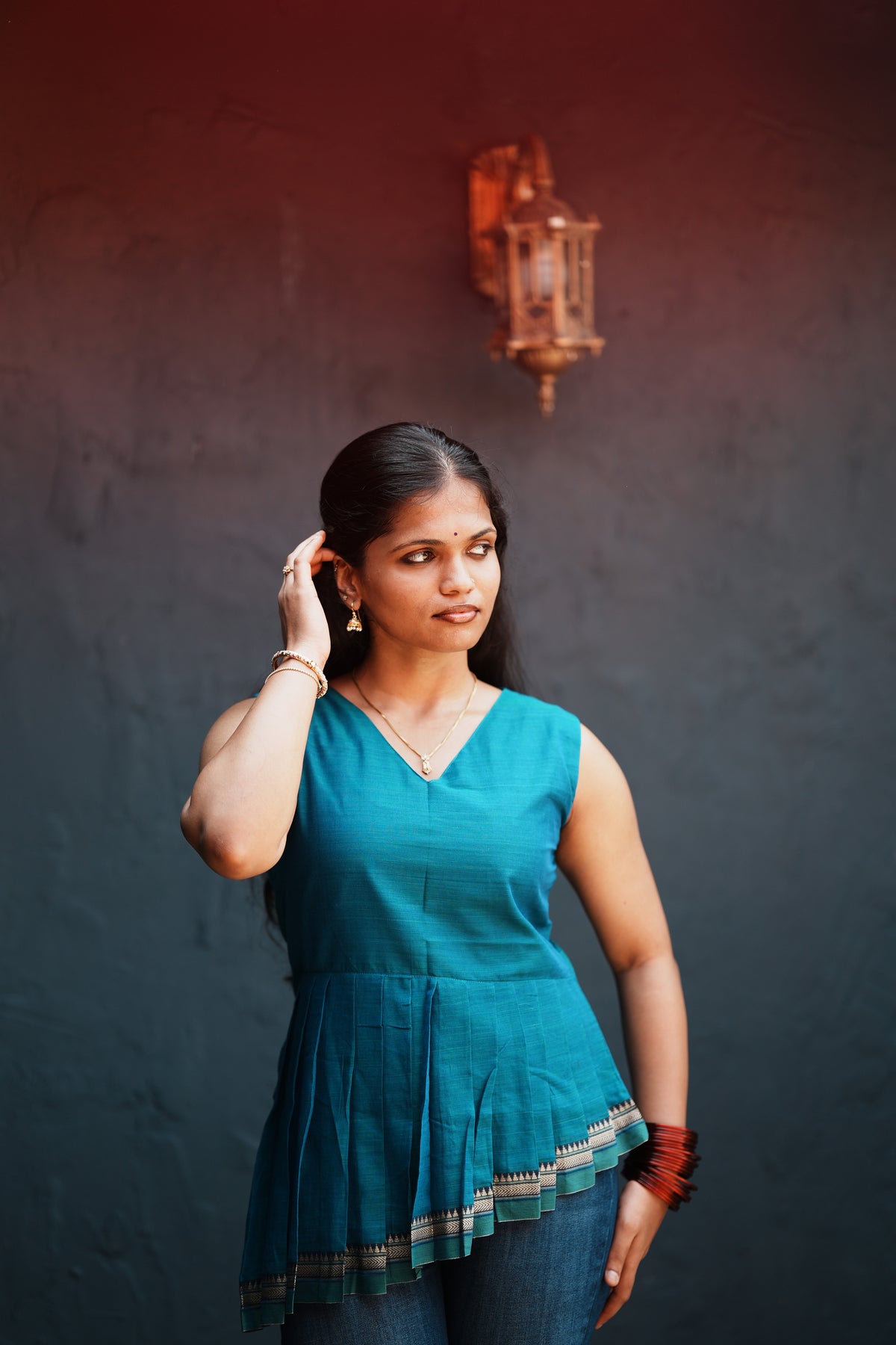 Mrinalini – Teal Pleated Peplum Short Kurti | Afterglow