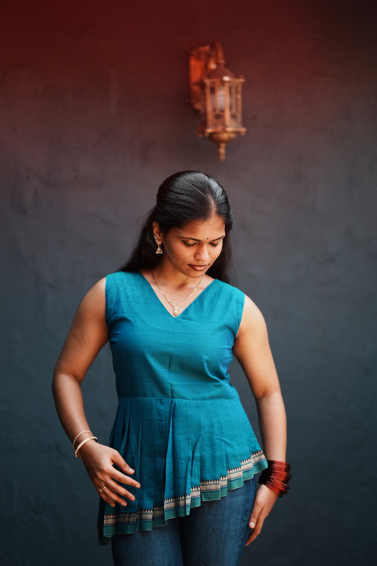Mrinalini – Teal Pleated Peplum Short Kurti | Afterglow