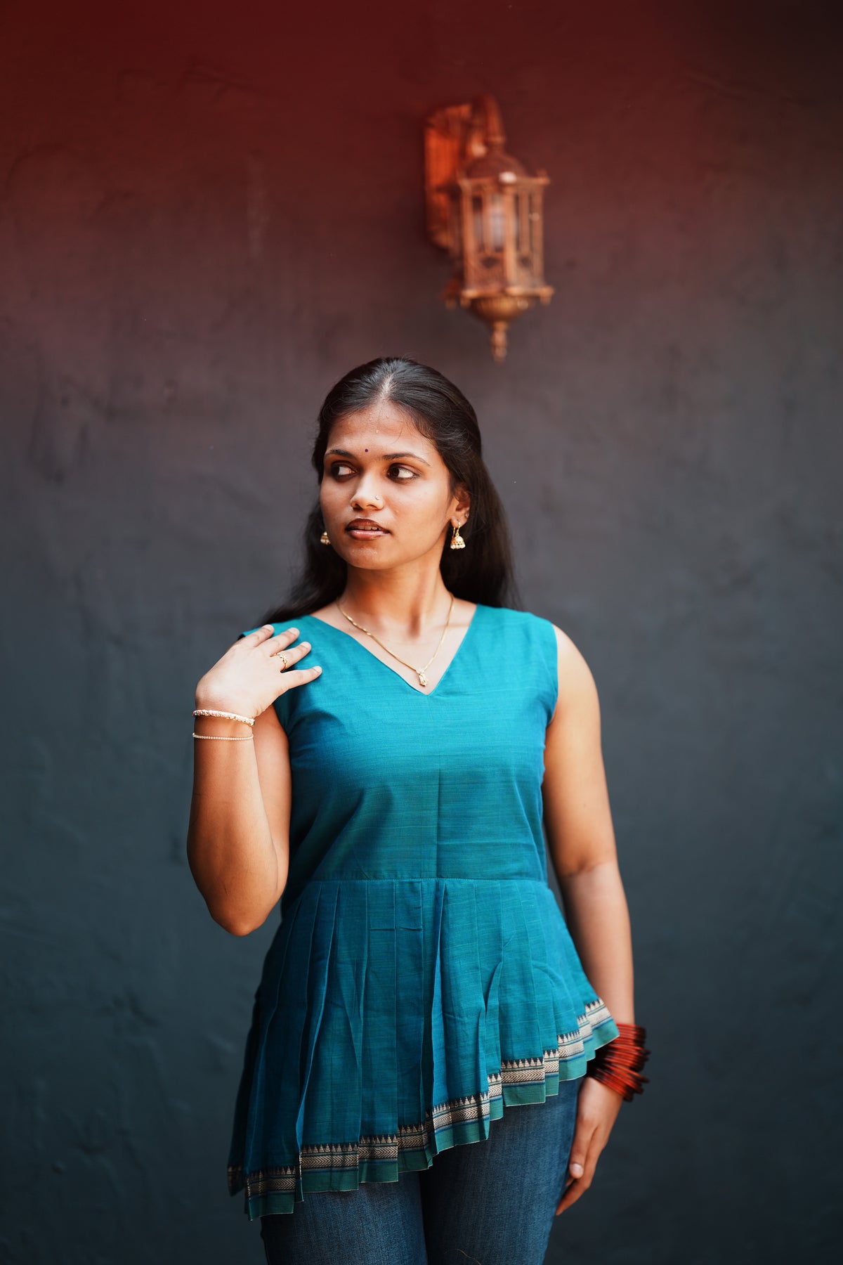 Mrinalini – Teal Pleated Peplum Short Kurti | Afterglow