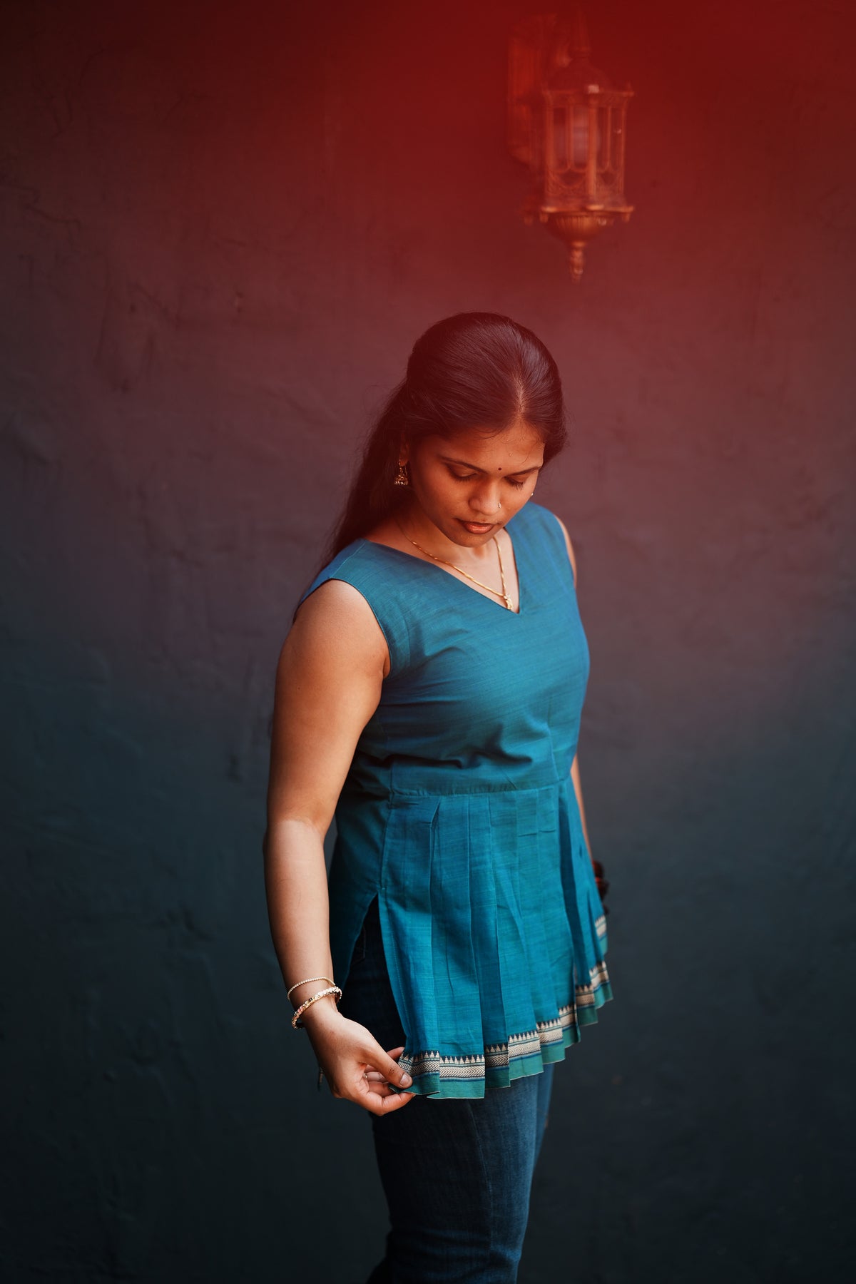 Mrinalini – Teal Pleated Peplum Short Kurti | Afterglow